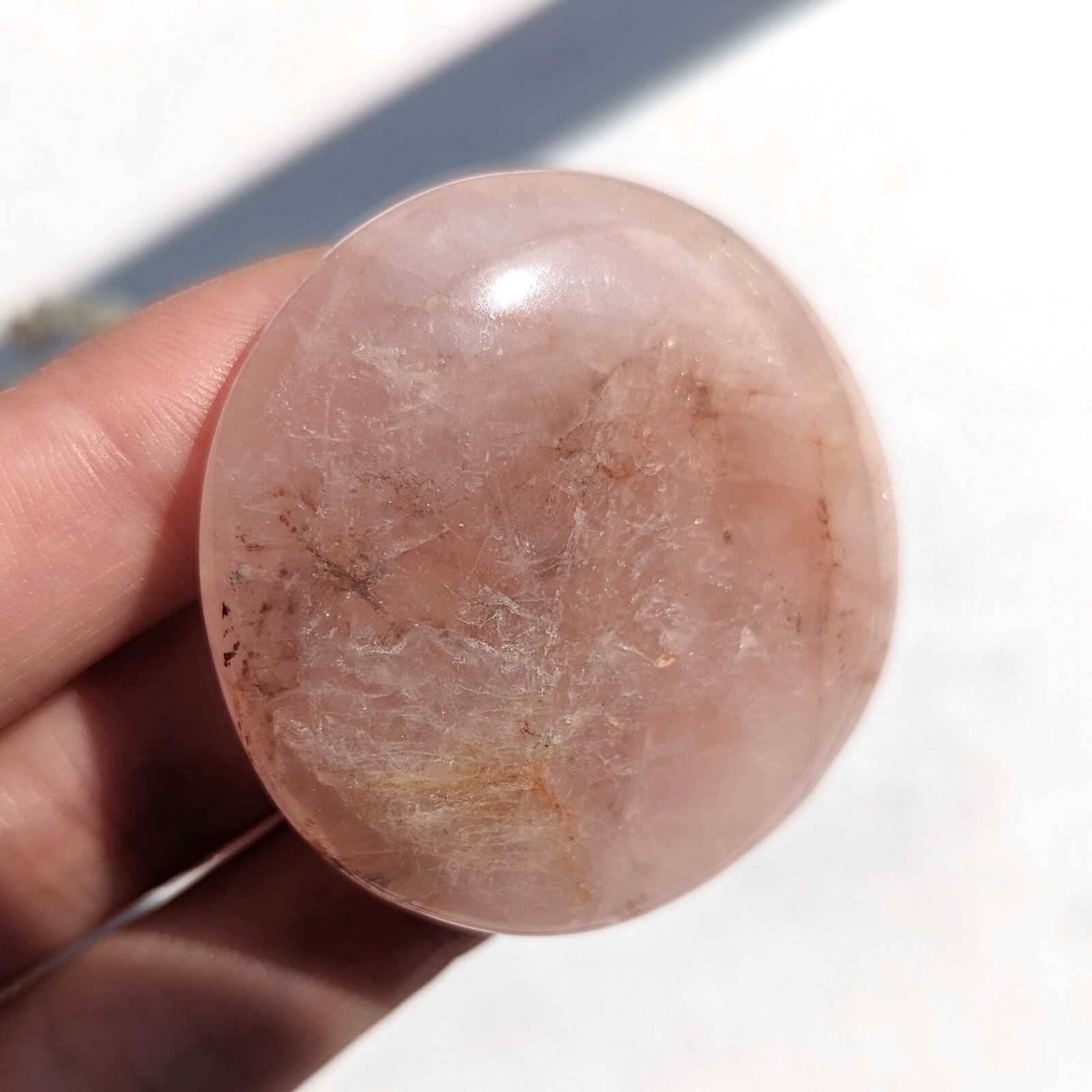 1.5″ rose quartz flat disk with iron inclusion, rose quartz crystal flat stone