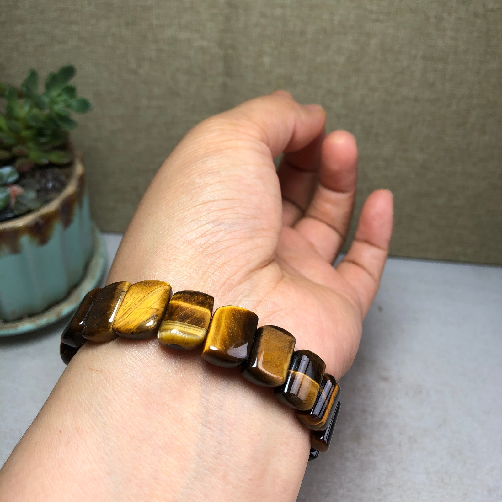 Rare Natural yellow tiger eye Crystal chain aspect beads bracelet 29g A4752