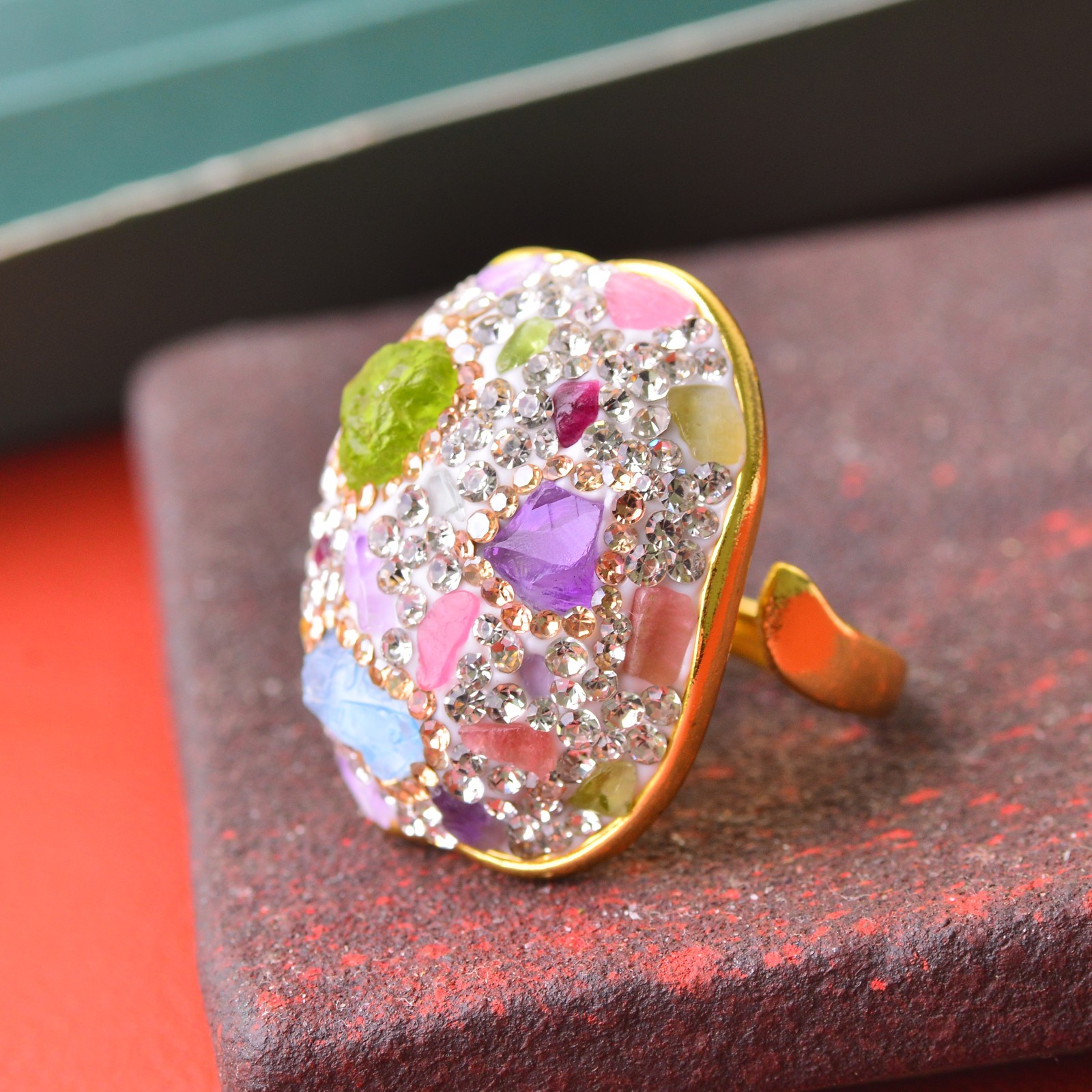 Crystal-encrusted gemstone ring alloy inlaid with handmade Energy Crystal
