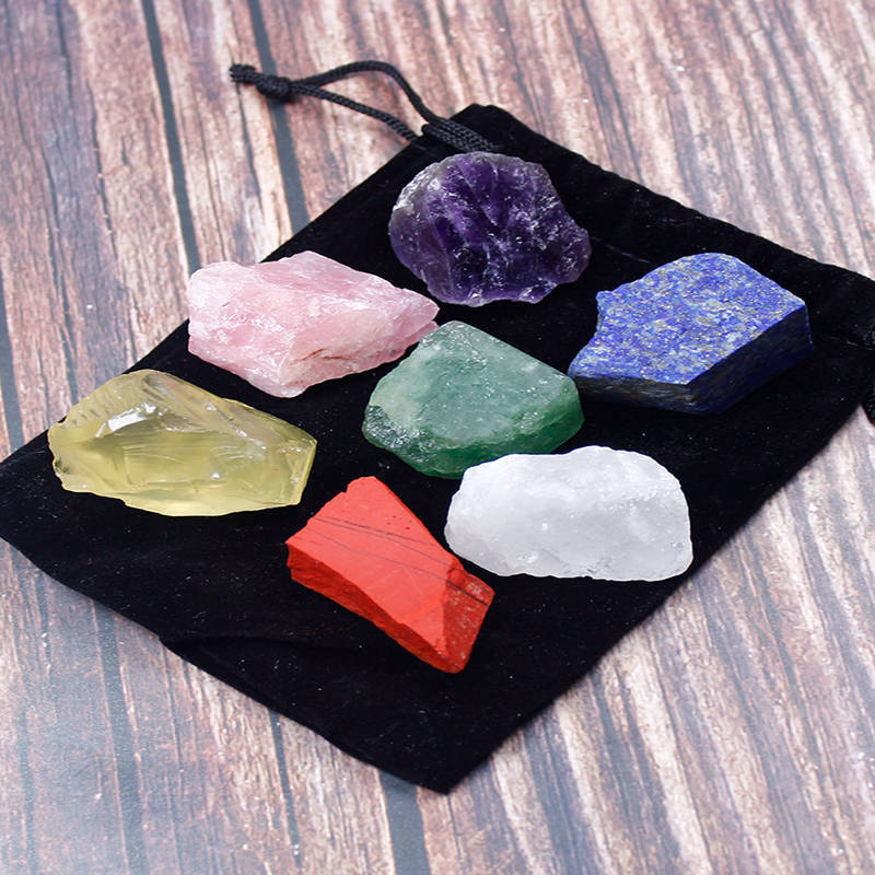 Natural 7 Chakra Quartz Crystal Raw Rough Metaphysical Energy Stone Set W/ Bag