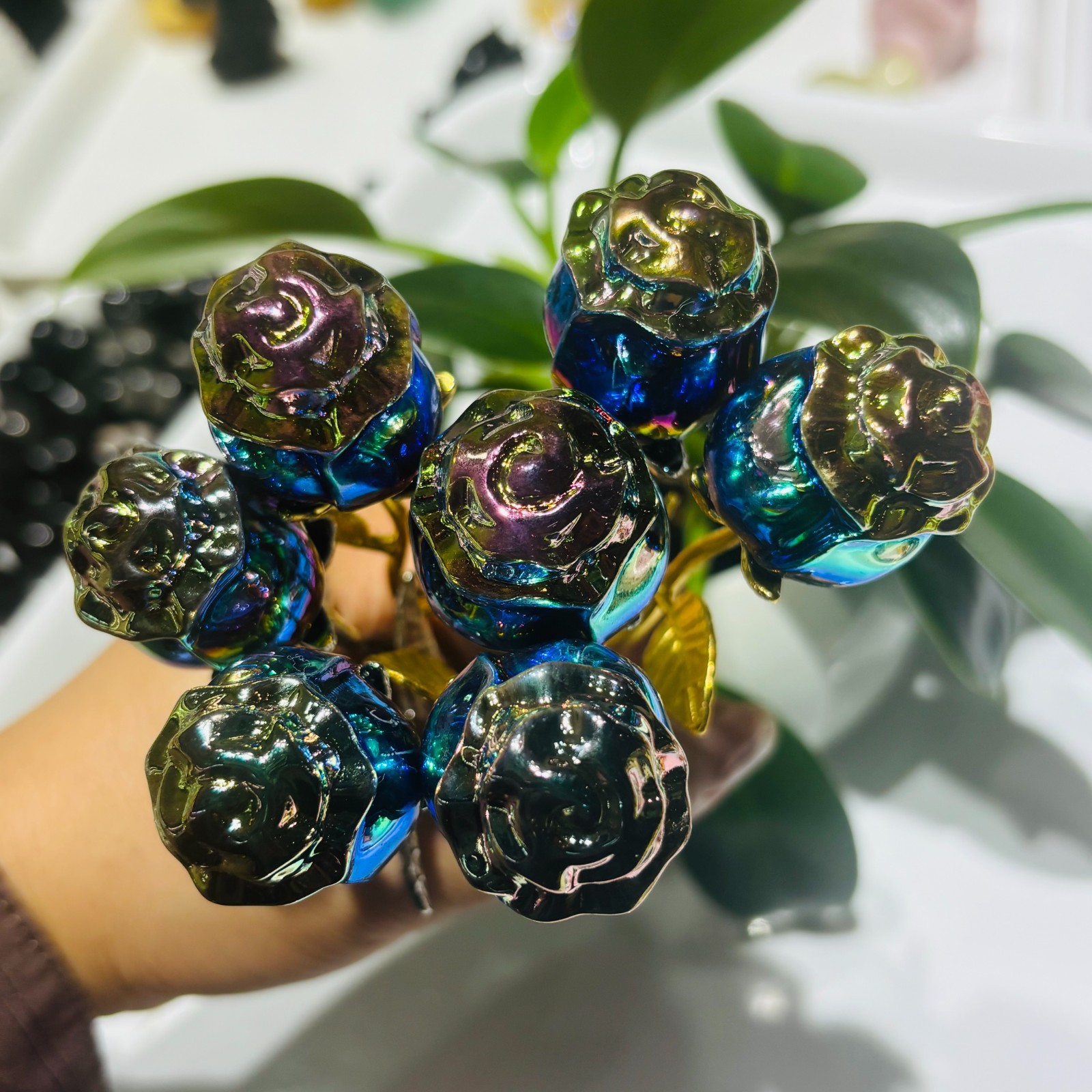 Top Rainbow Hand Carved Quartz Crystal Rose flower Home Decor Gift 1pc