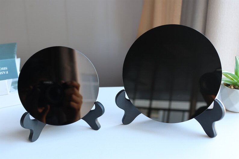 Natural Obsidian Mirror Obsidian Wafer Crystal Disk Reiki Heal + Free Stand