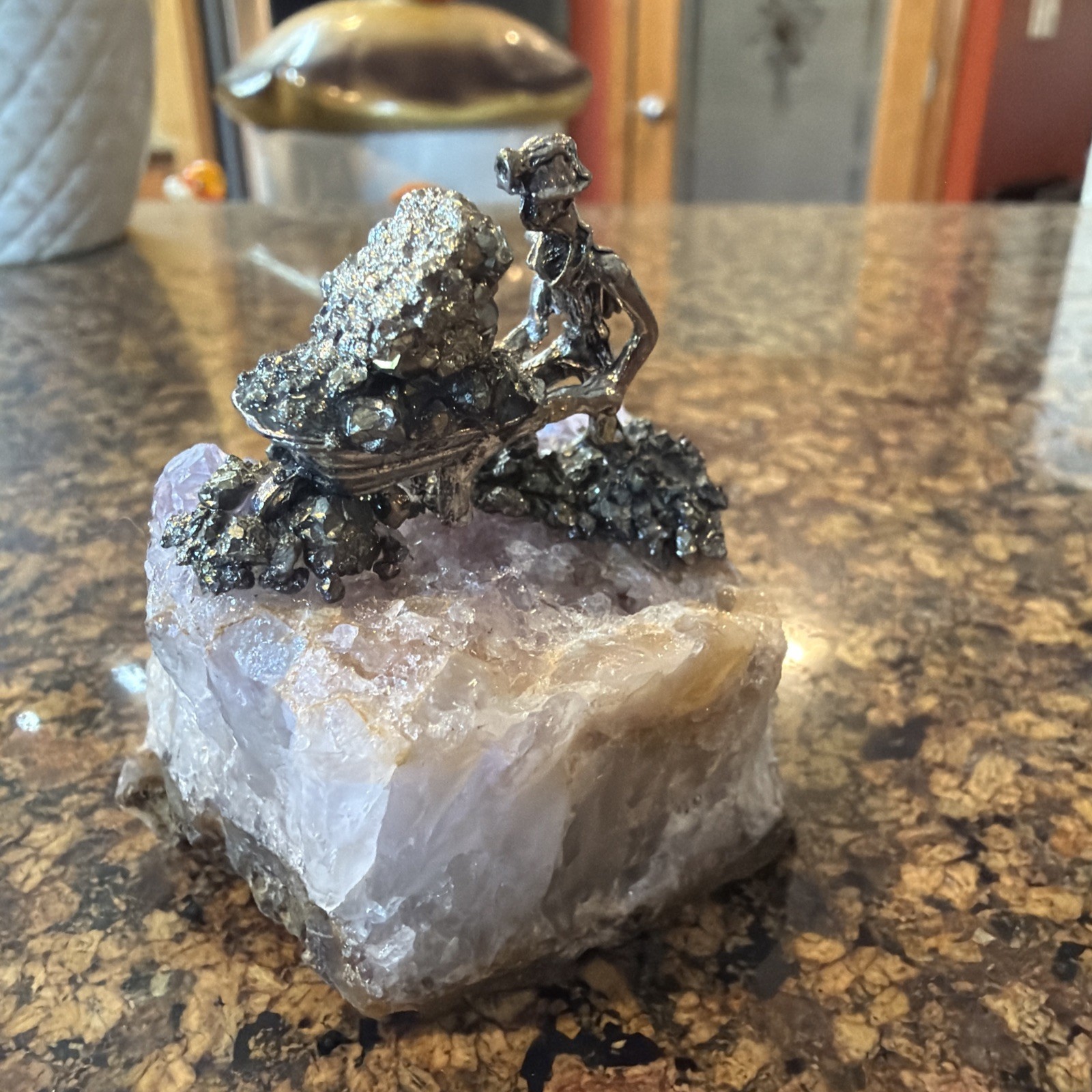 Pewter Gold Miner mining On Amethyst Cluster Prospector Pyrite 2.5”x2.5”x1.5”