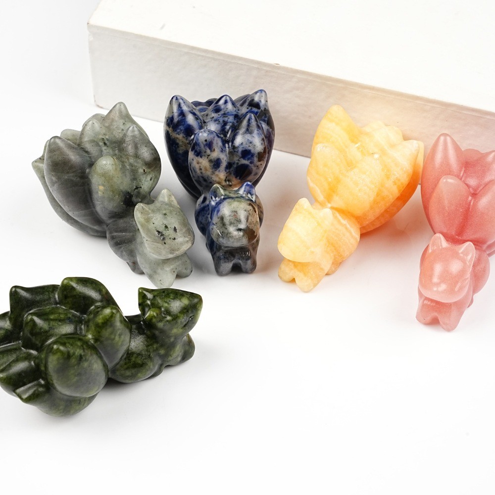 Natural Crystal Nine‑Tailed Fox Carving Statue Reiki Healing Desk Decor Gift