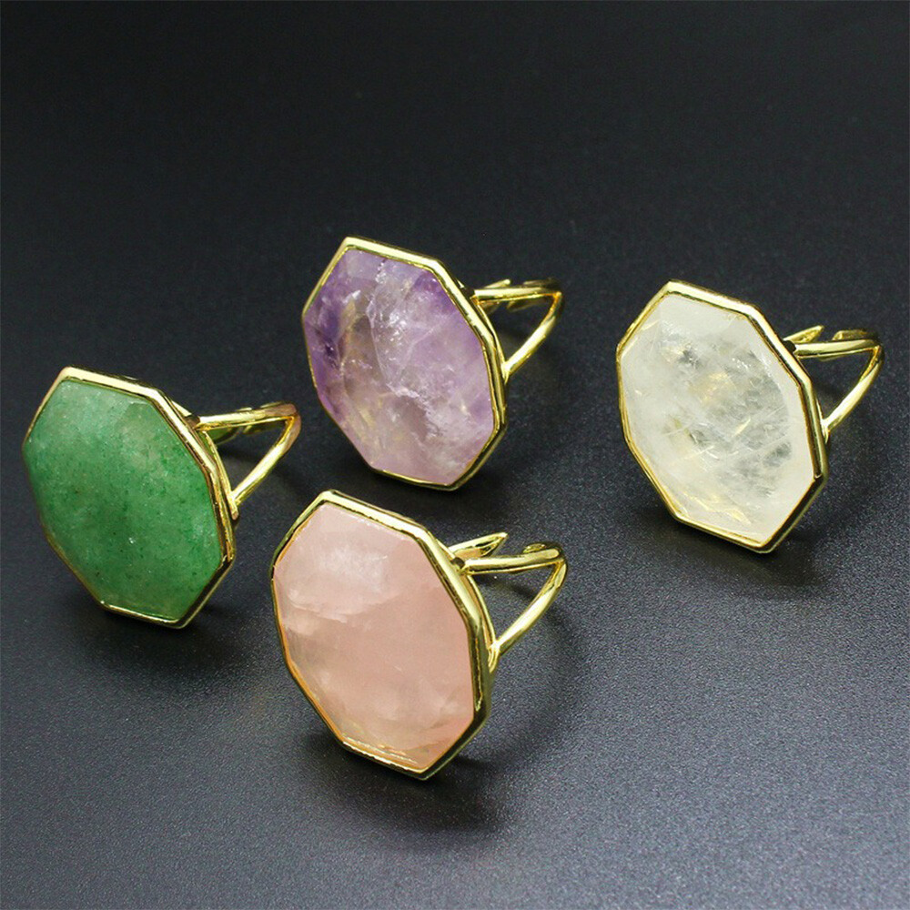 1pc Polygon Chakra Faceted Crystal Ring Gemstone Quartz Jewerly Gifts Adjustable