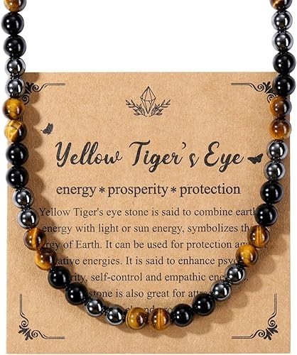 Mens Healing Crystal Black Obsidian Tigers Eye Hematite Beaded Necklace Natural