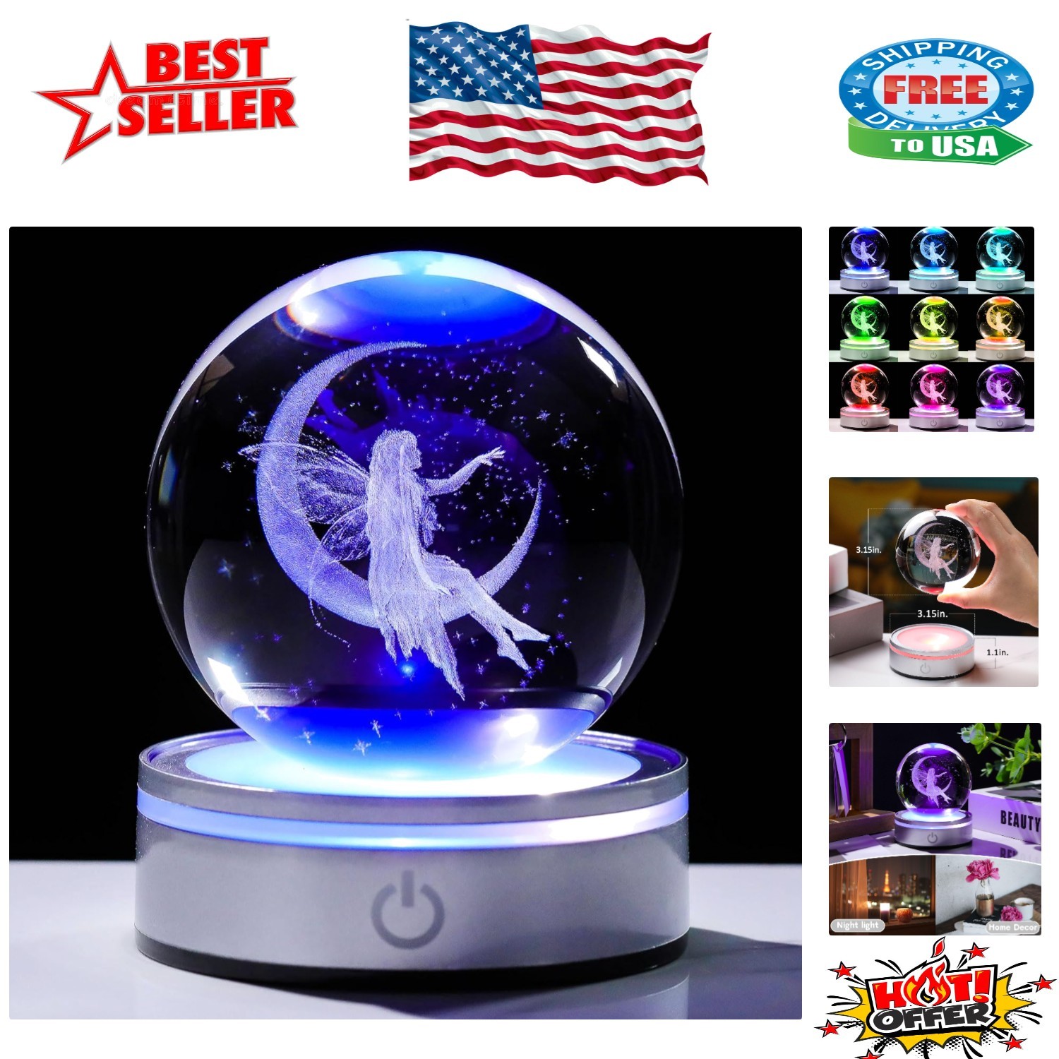 Exquisite K9 Crystal Fairy Statue with Colorful Light Base – Perfect for Gifts