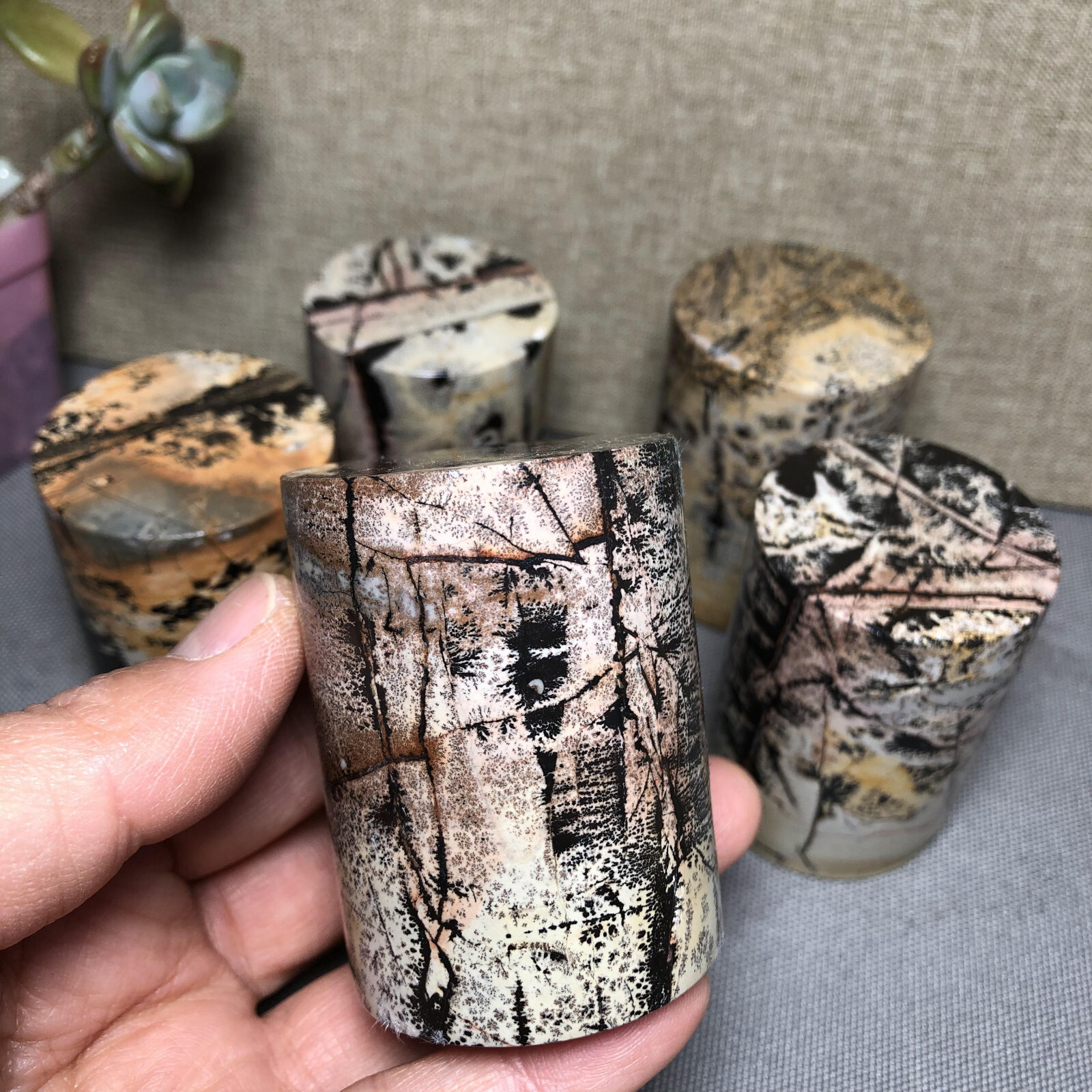 wholesale 5pcs Natural Chinese Painting Stone Quartz Crystal cylinder home decor