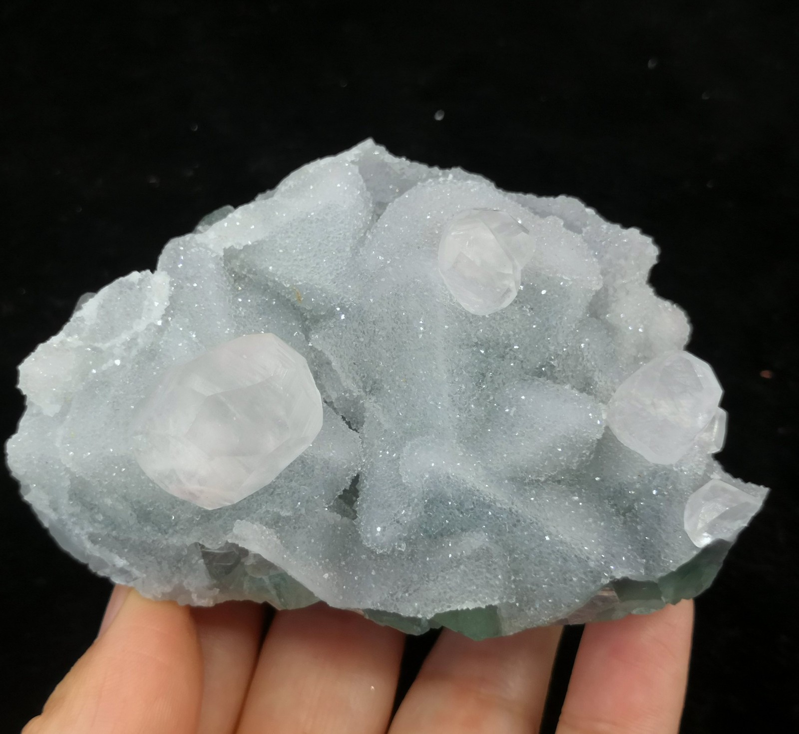 Clear Calcite on sparkling Quartz coated Octahedron Green Fluorite, 88mm 235g