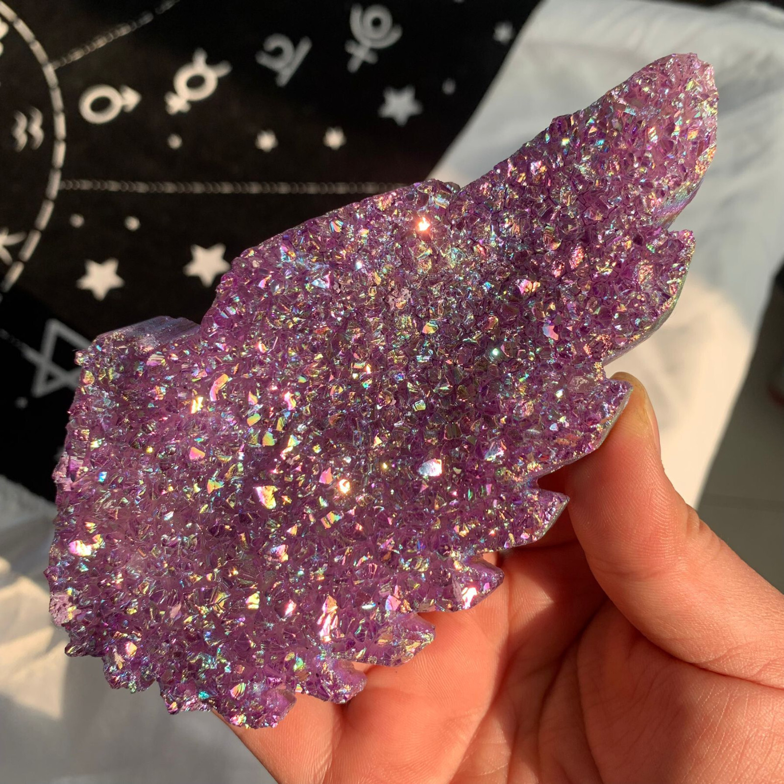 449g Titanium Angel Aura Amethyst Cluster Wings Carving Quartz Crystal+Stand