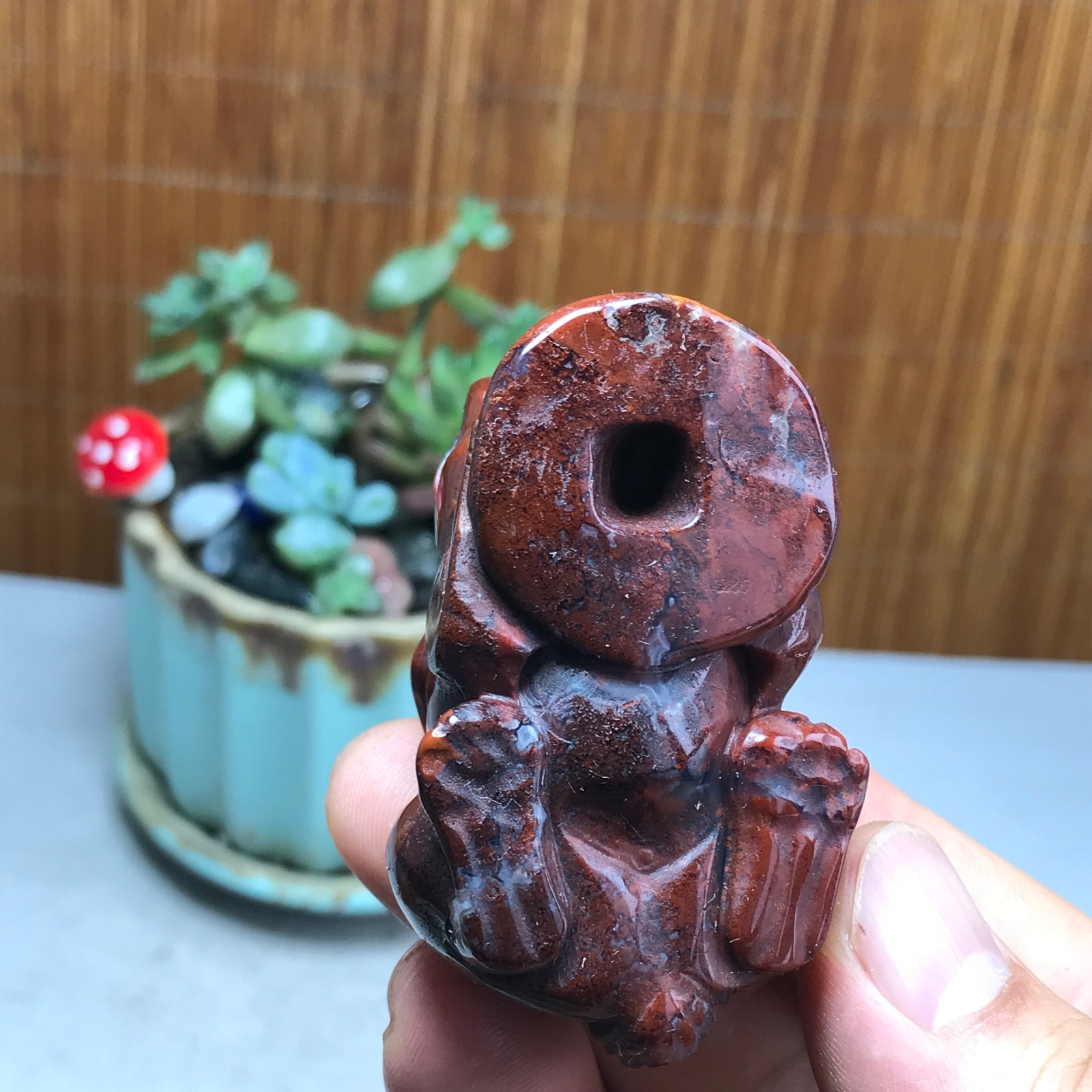 Natural bloodstone carve Rabbit & Copper Coin Figurine, Feng Shui Wealth Luck 82