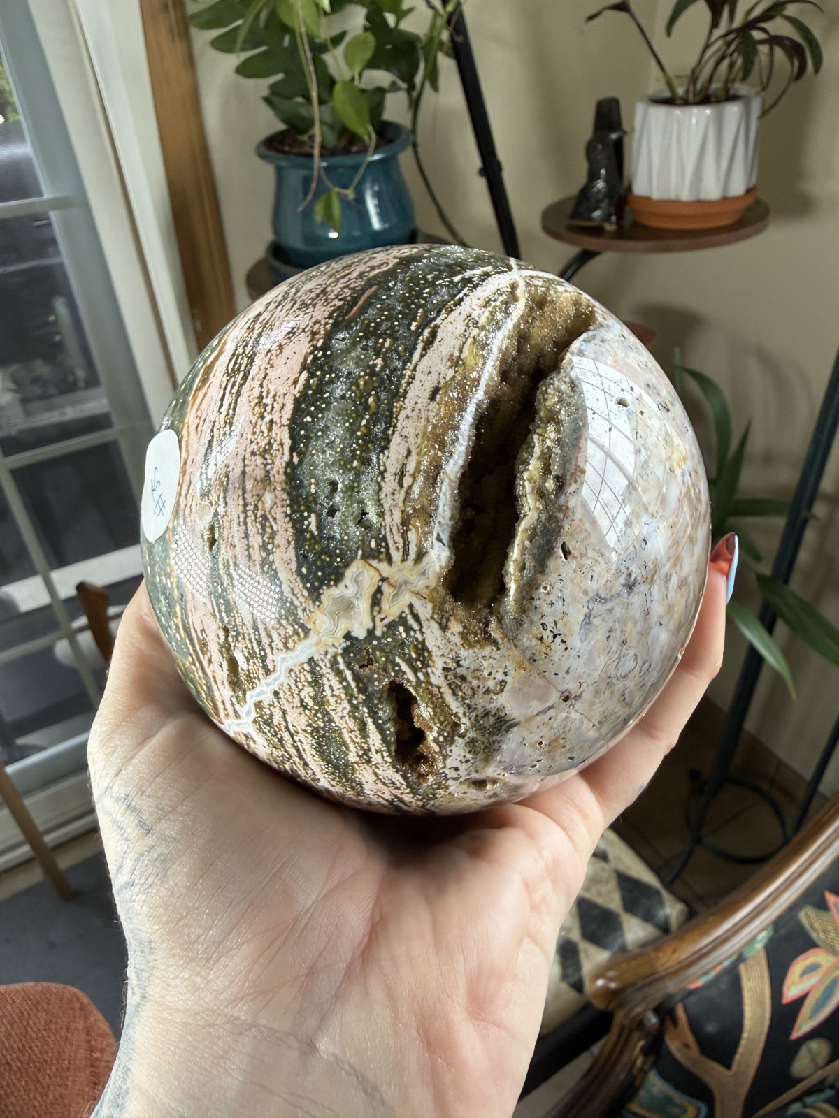 8th Vein Ocean Jasper Sphere – Druzy Pockets – Green, Pink, White – 3.69lbs