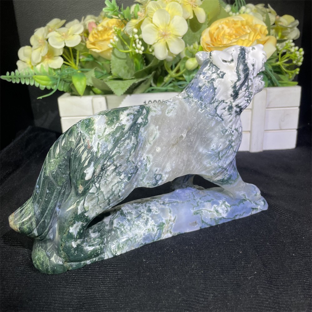 2.7LB 7.8″ Natural Moss Agate Wolf Statue Carving Crystal Heal Carved Decor