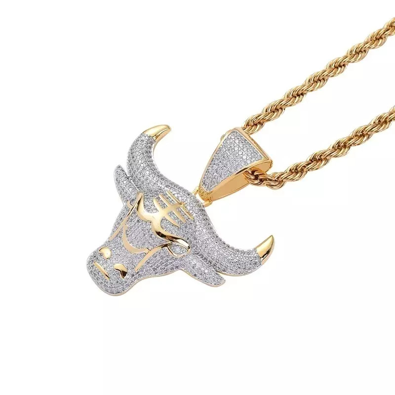 Men’s Fashion Jewelry Gold Rhinestone Bull Head Pendant Necklace