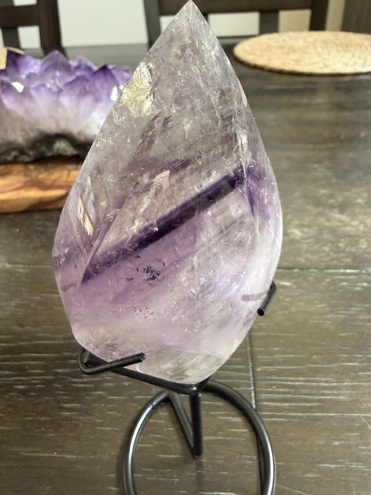 6 1/2in. High Grade Quality Phantom Amethyst Quartz Flame Drop Crystal On Stand
