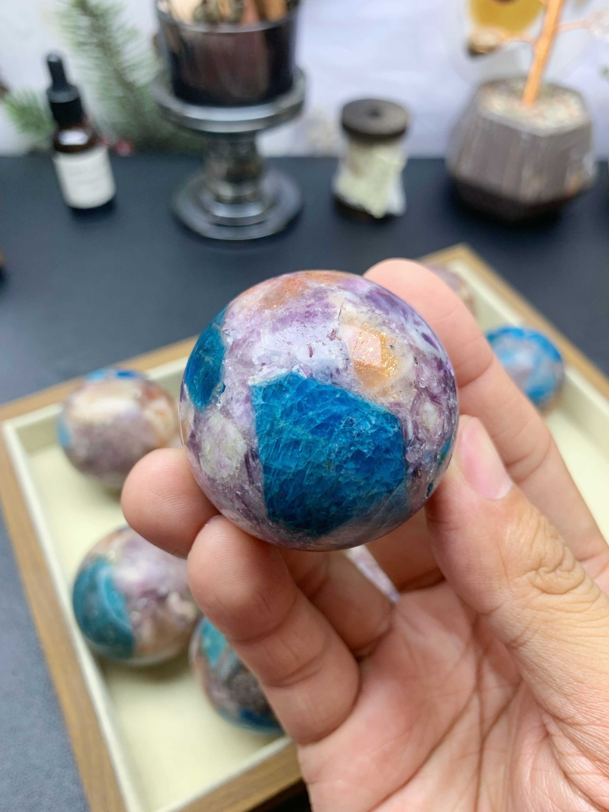 5cm Crystal Ball, Blue Apatite Sunstone Purple Mica Resin Composite Wooden Stand