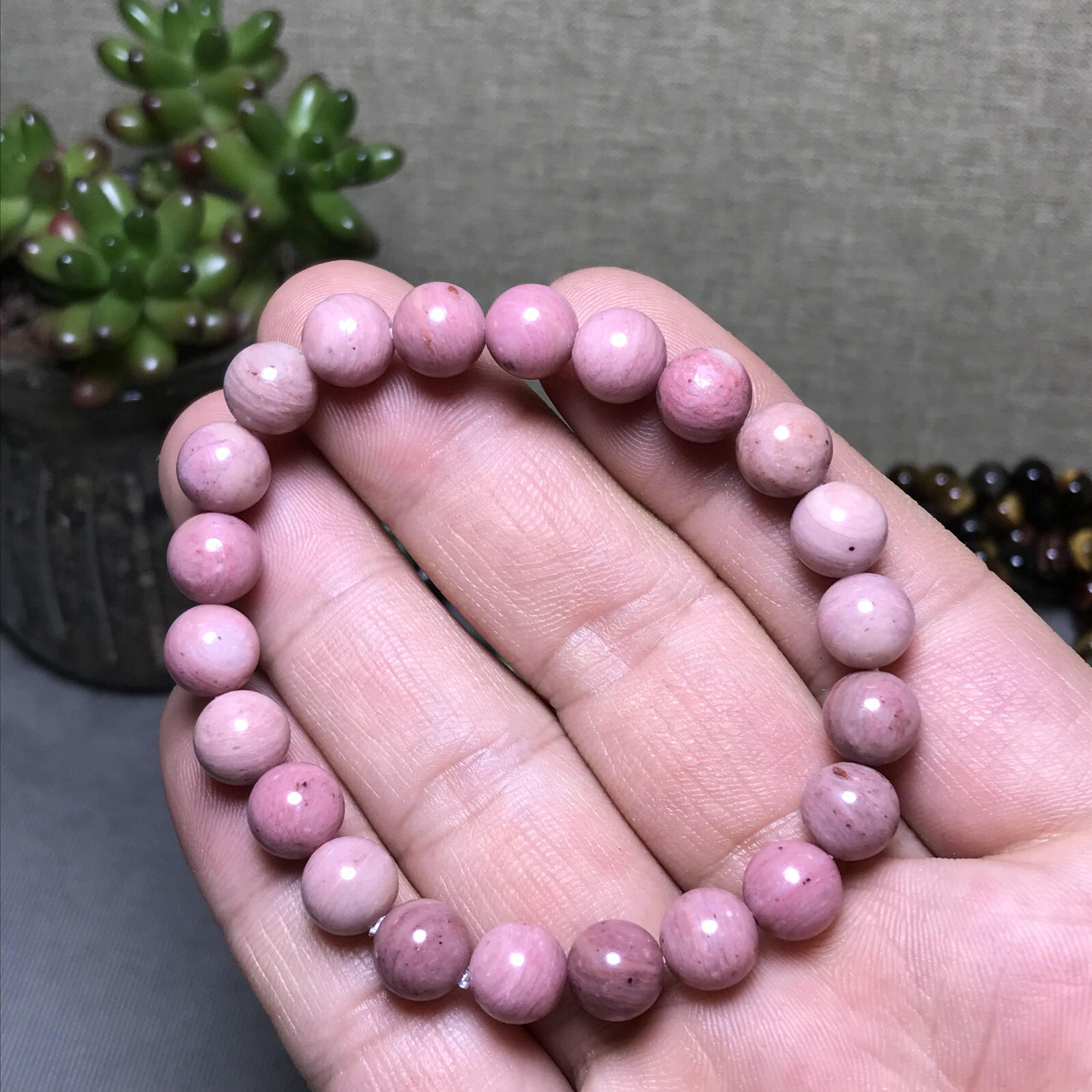 5Pcs Wholesal Natural Redwood pattern Pink bracelets Crystal ball sphere 8mm