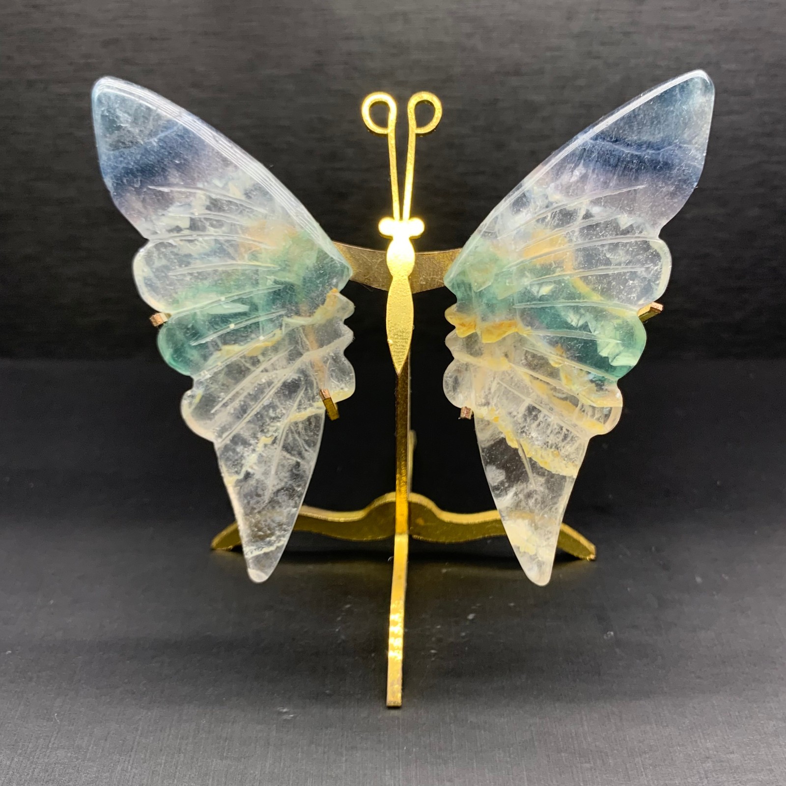 100G Natural Crystal Fluorite Butterfly Wings Healing Statue Decor + Stand