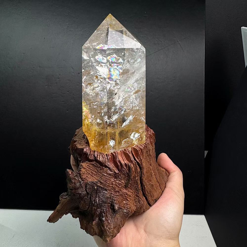 2.2LB Natural Rainbow White Quartz Obelisk Crystal Energy Tower Reiki +Stand