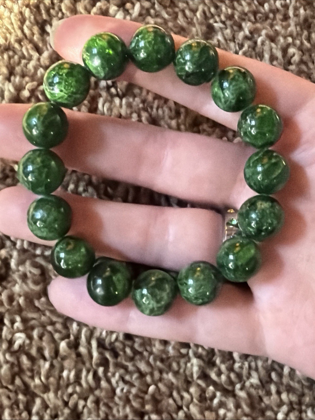 FINE CHROME DIOPSIDE GEM BRACELET FROM RUSSIA – 7.5″ – 13mm ROUND BEADS