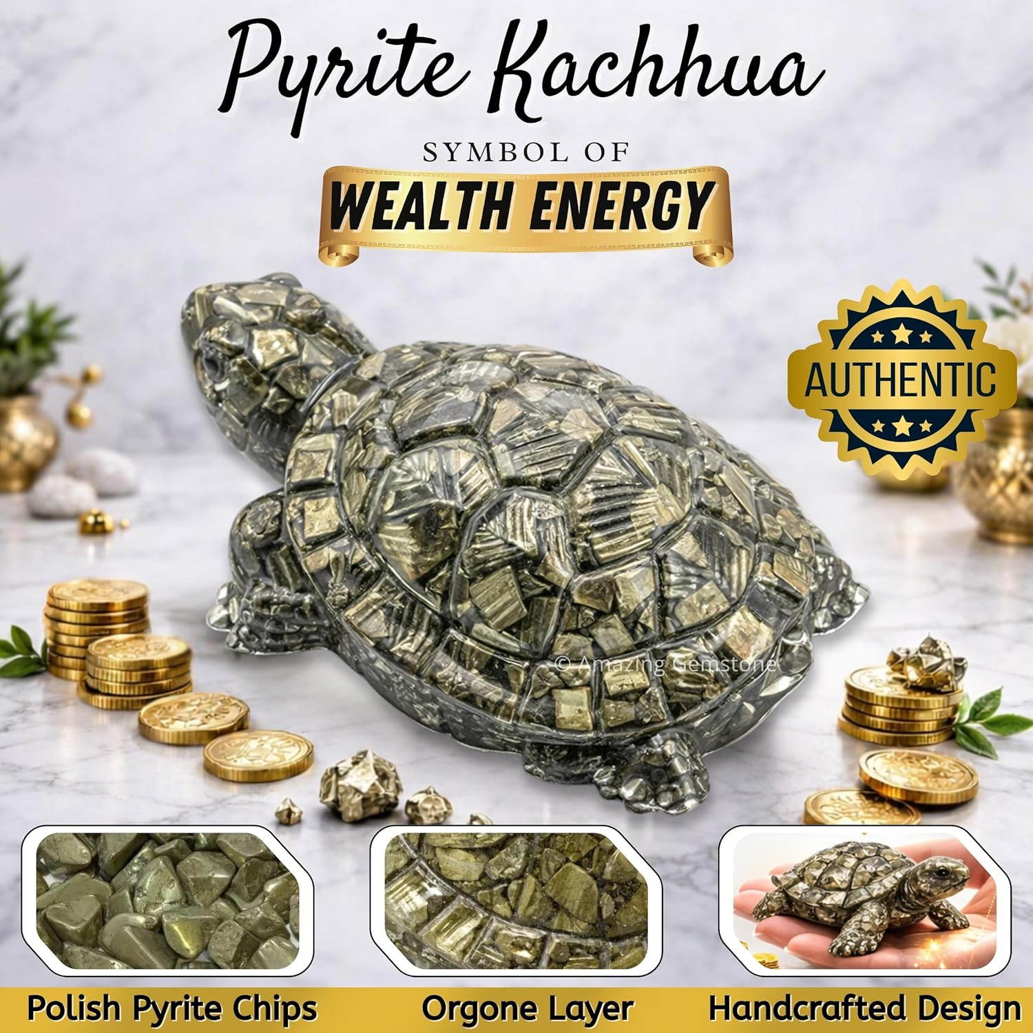 Amazing Gemstone Natural Pyrite Tortoise Turtle Figurine | Feng Shui Wealth & Go