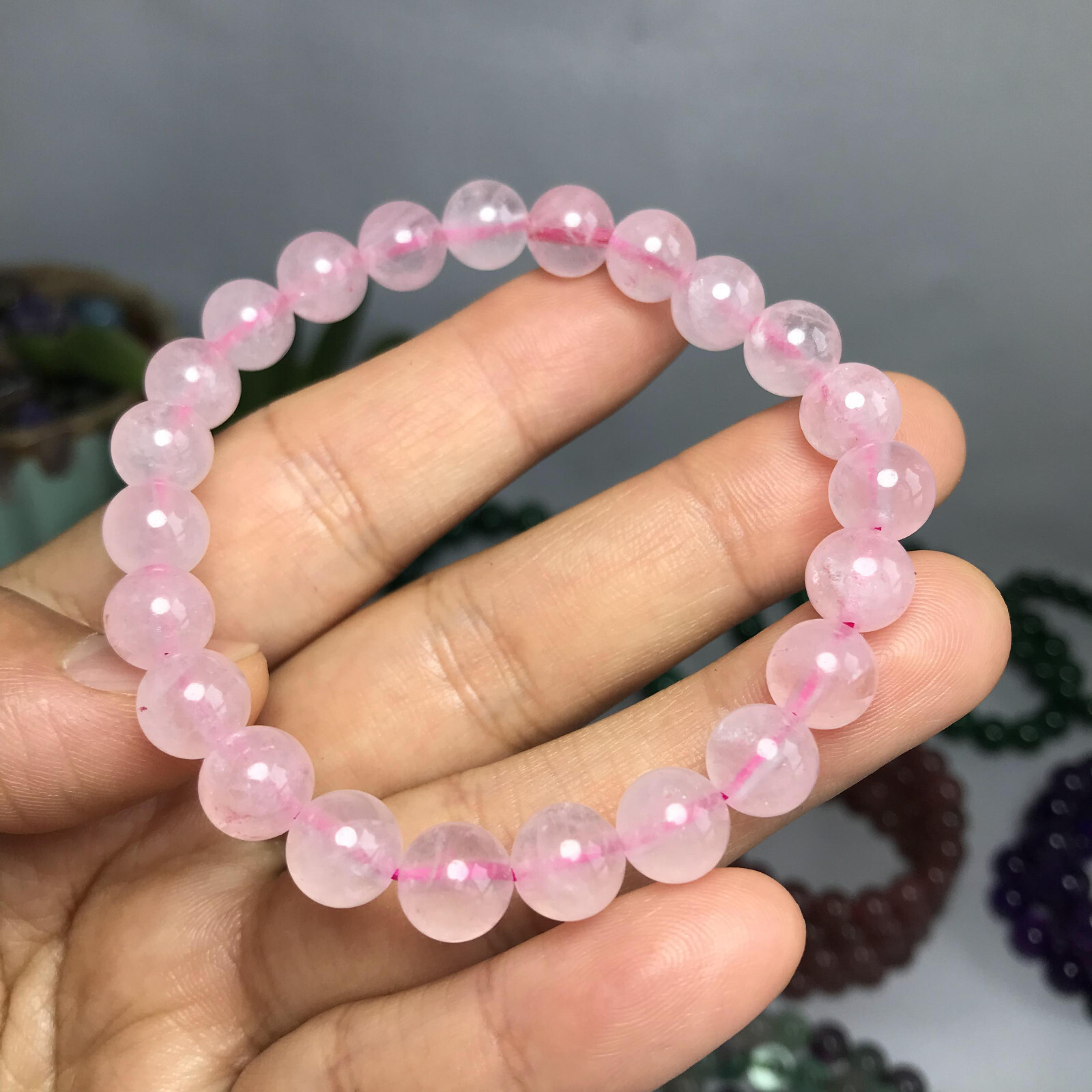 8mm-9mm Top Natural pink crystal gemstone Crystal chain beads bracelet 19g A5268