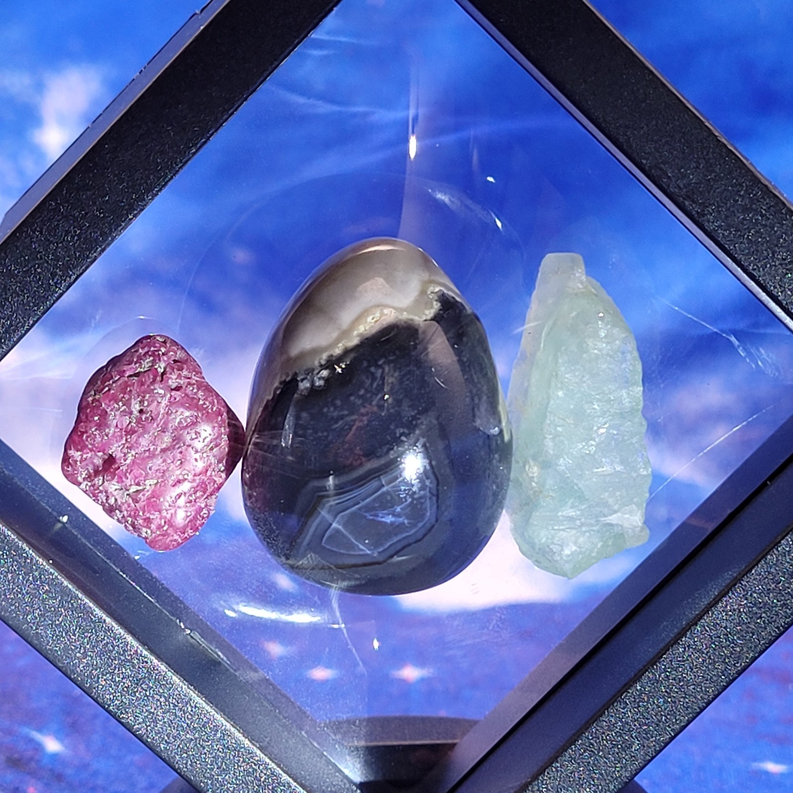 3 UV Glow Reactive Minerals: Ruby, Volcano Agate, Fluorite in Floating Display