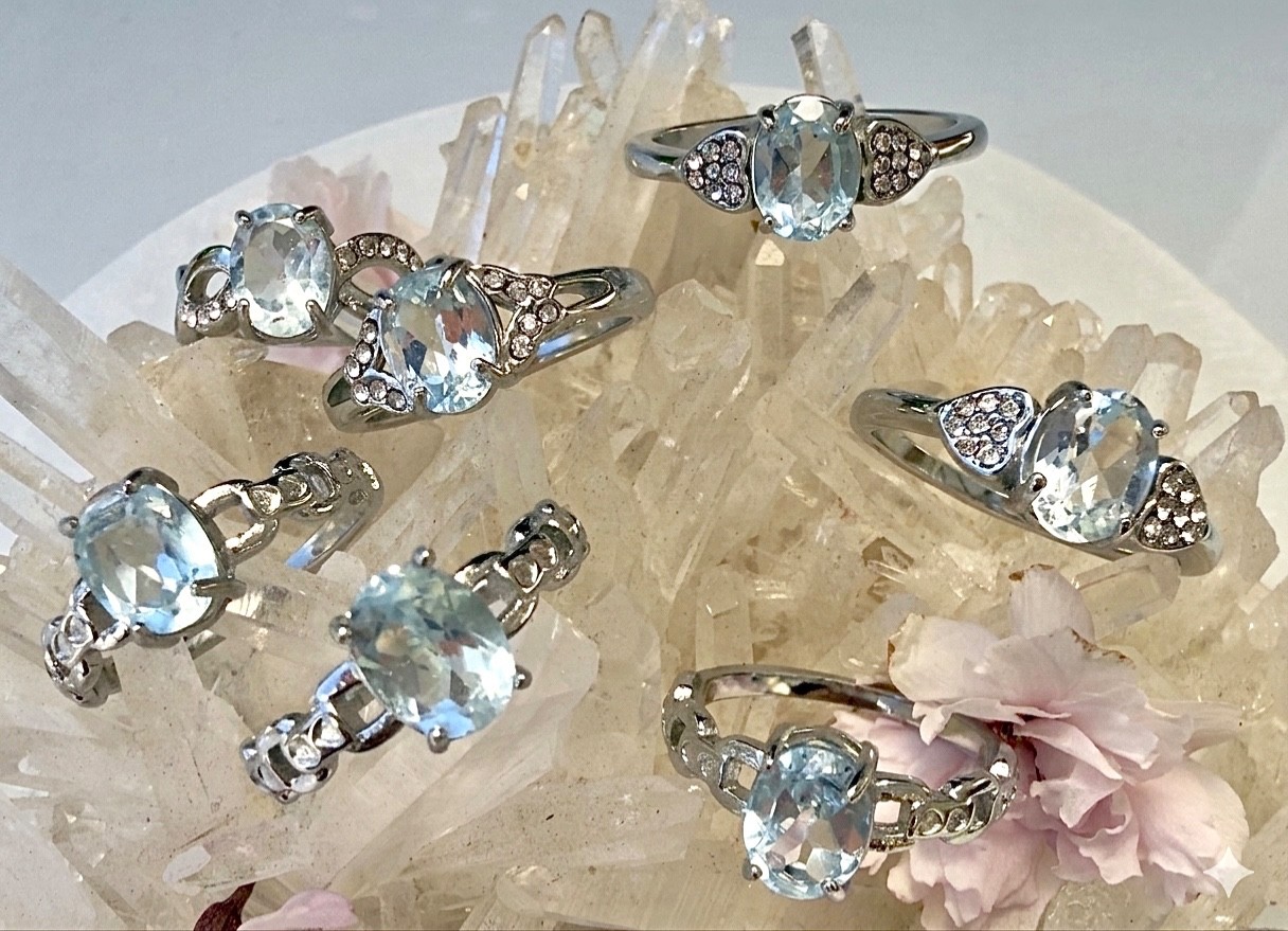Wholesale 7 Pcs Natural Blue Topaz Stainless Steel(316) Rings Crystal 7x9mm