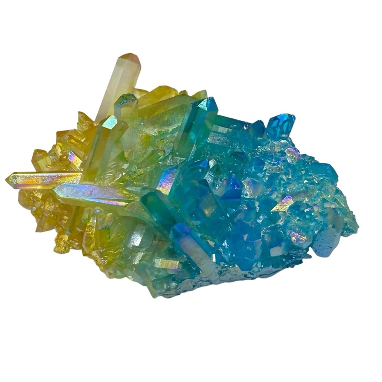 Aura Quartz Crystal Cluster Yellow Blue Clear Iridescent Stone Display Gift