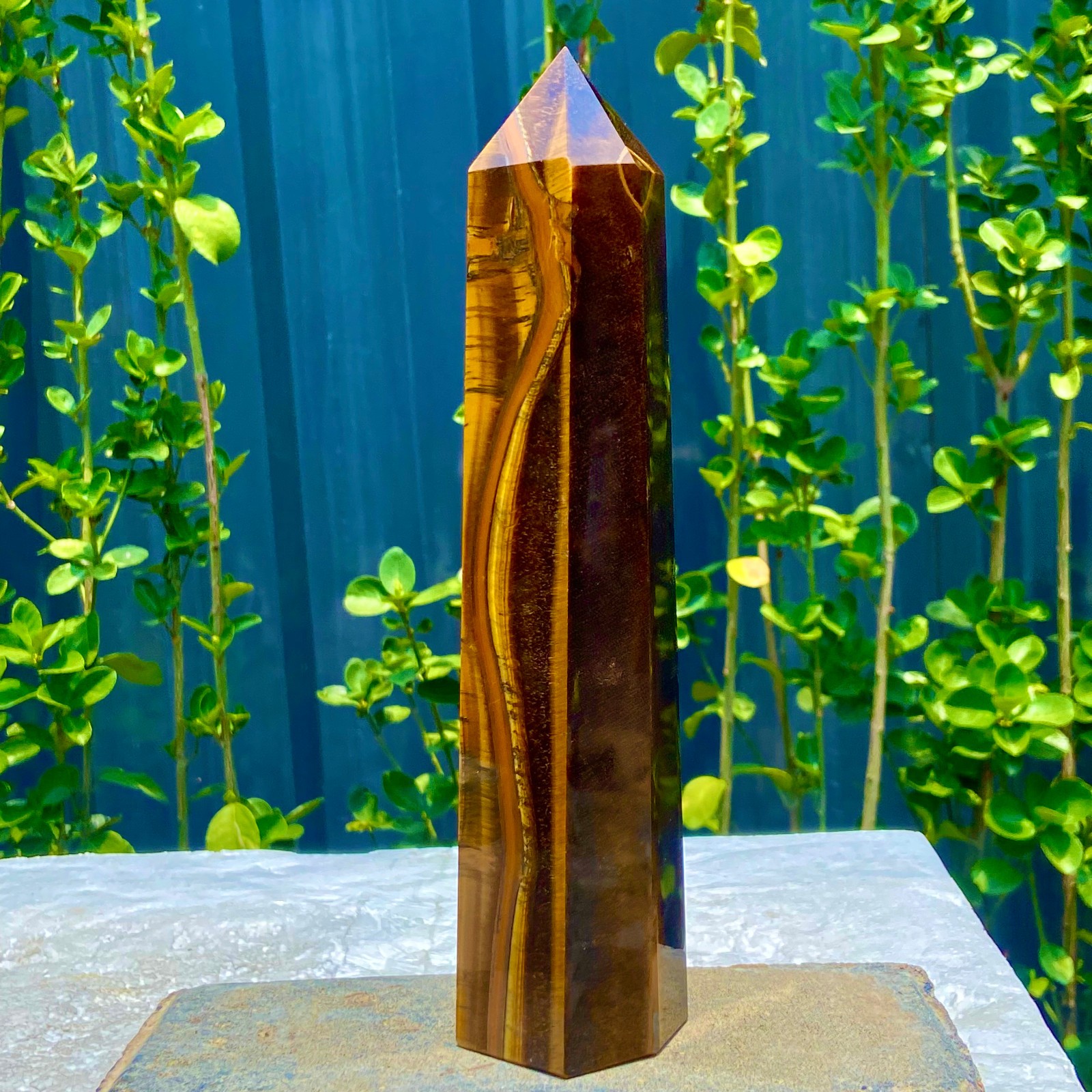 1.9LB Natural Golden Tiger Eye Stone Obelisk Quartz Wand Crystal Pillar Healing