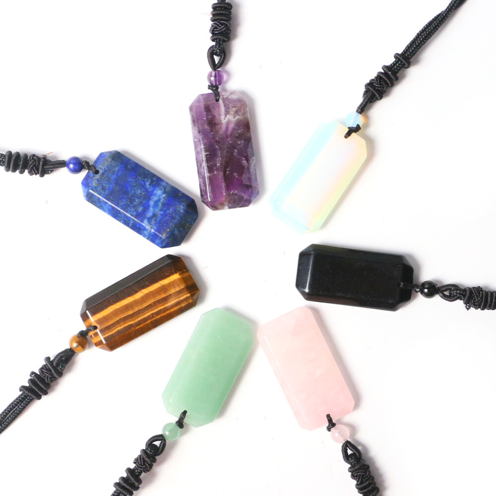 Natural Crystal Rectangle Necklace Chakra Stone Square Bead Pendant Healing Gift
