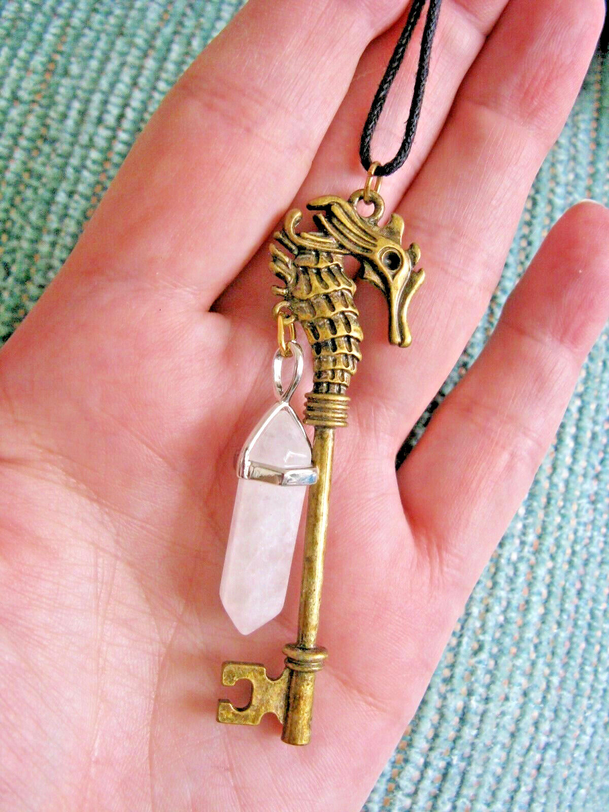 NEW RUSTIC OLD WORLD STYLE SEAHORSE KEY CORD PENDANT W/ NATURAL QUARTZ POINT