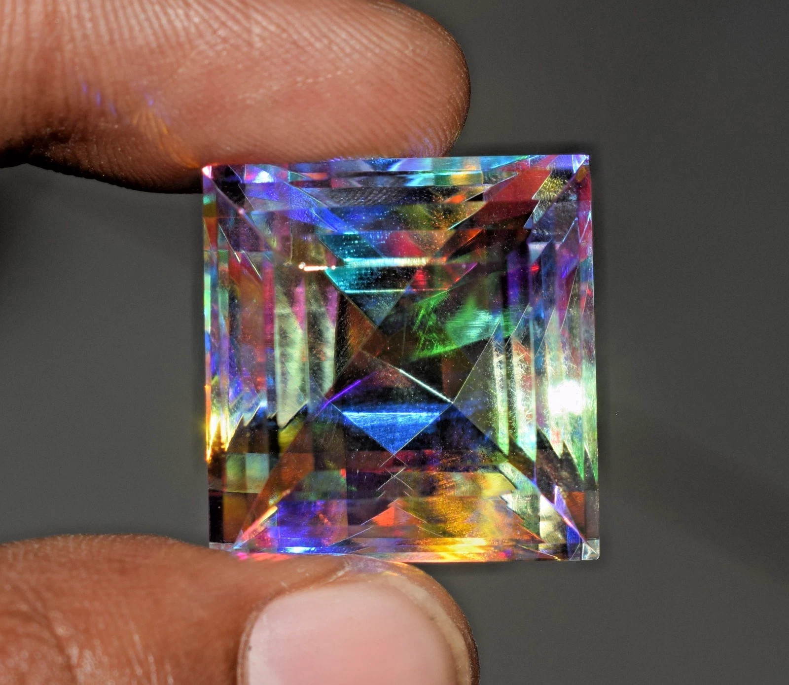 61+ Ct Mystic Topaz Certified Square Cut Colorful Rainbow Gemstone