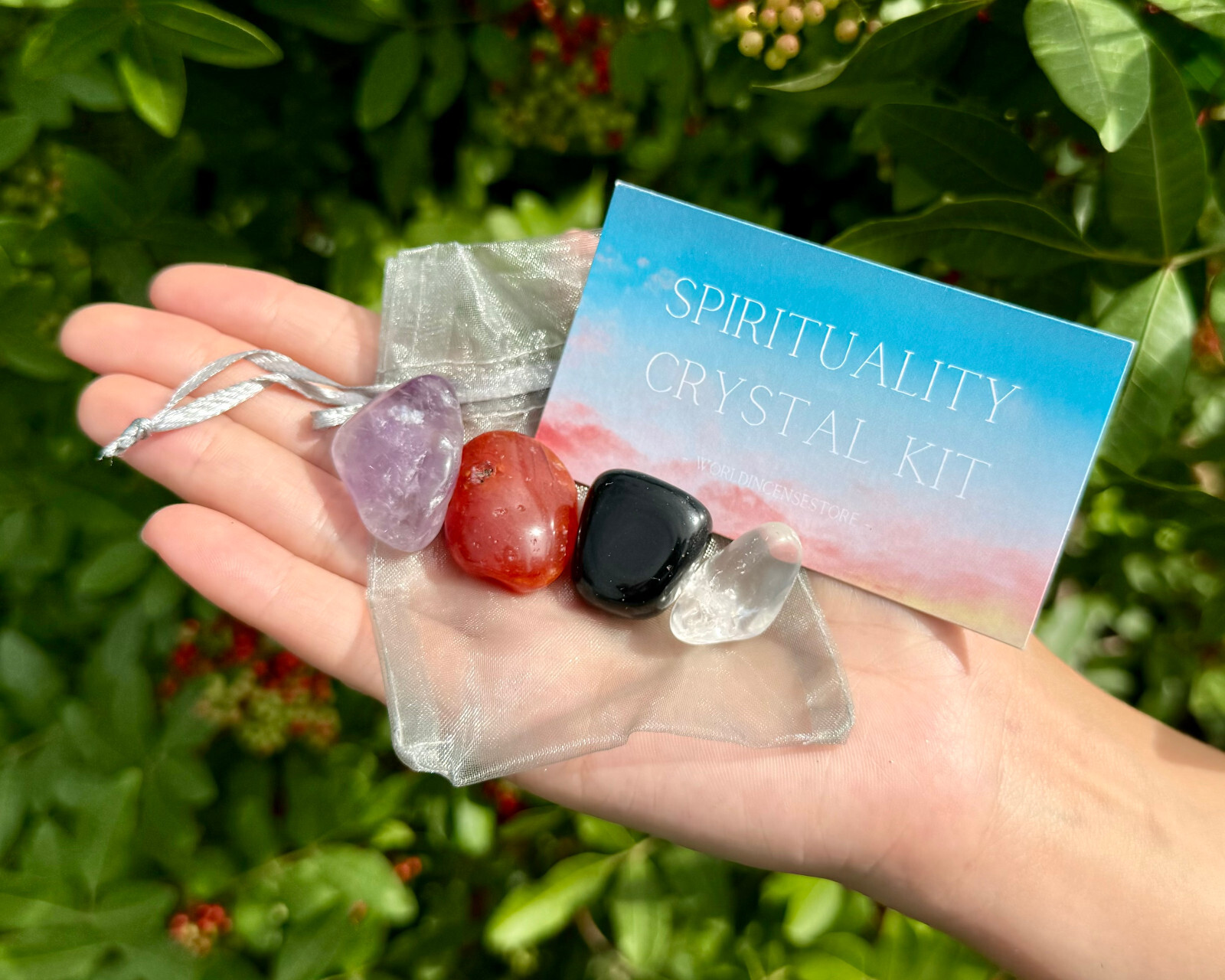 Spirituality Crystal Kit, 4 pcs In Pouch – Amethyst, Carnelian, Obsidian, Quartz