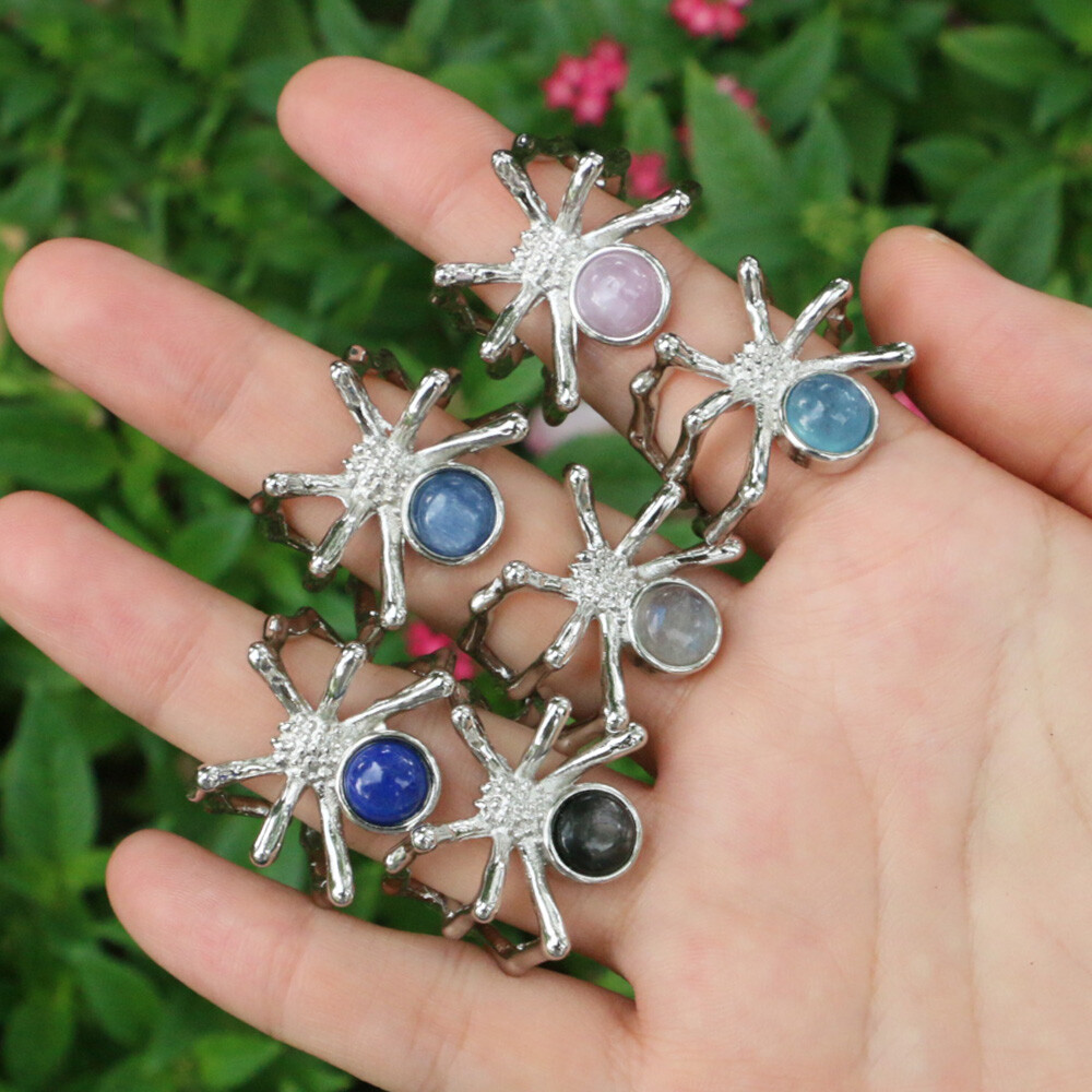 1pc Adjustable Chakra Crystal Spider Rings Gemstone Round Bead Quartz Jewerly
