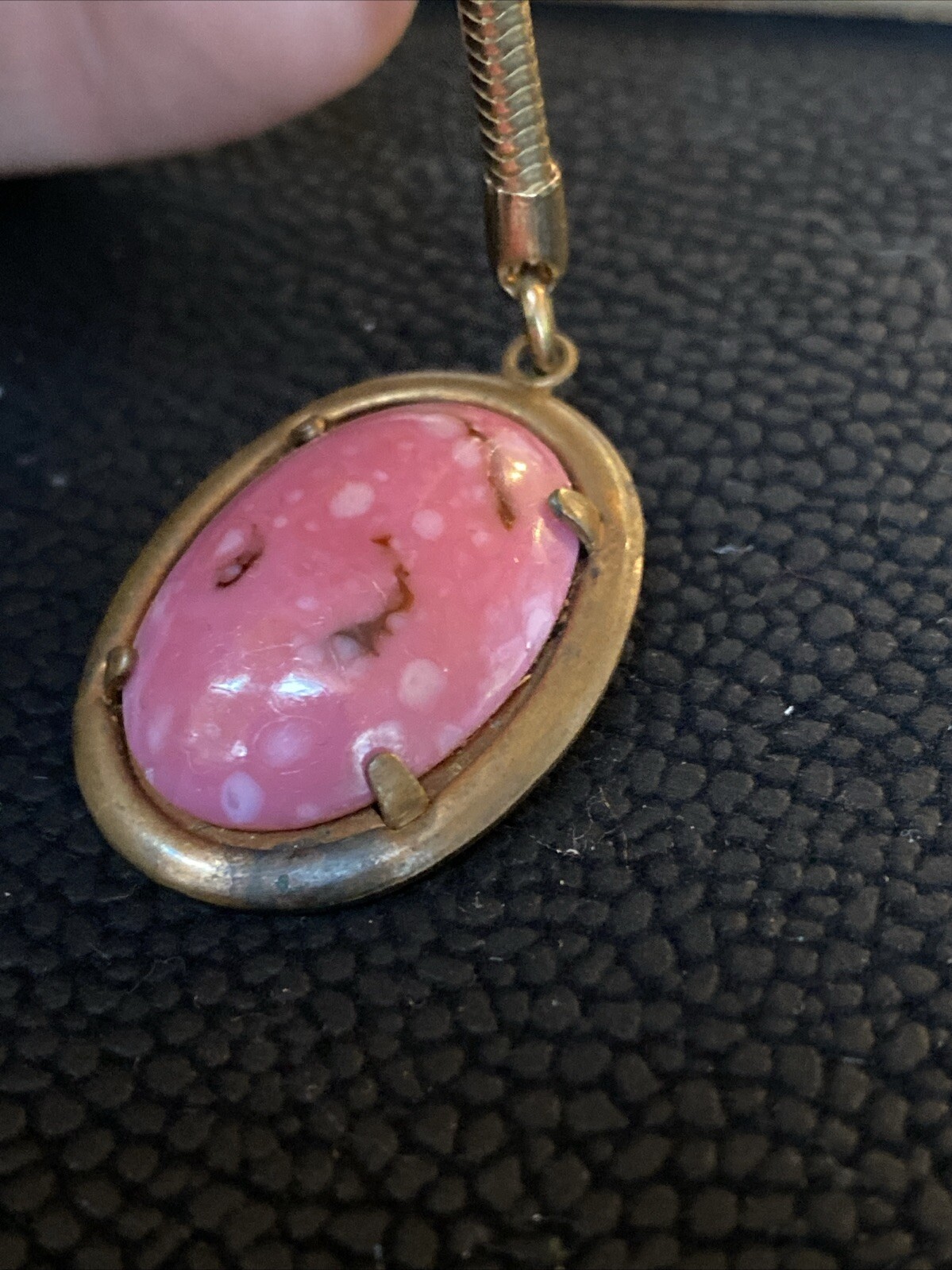 Vintage Pink RHODONITE Heart Gemstone Polished Cabochon Keychain Fob Oval Brass