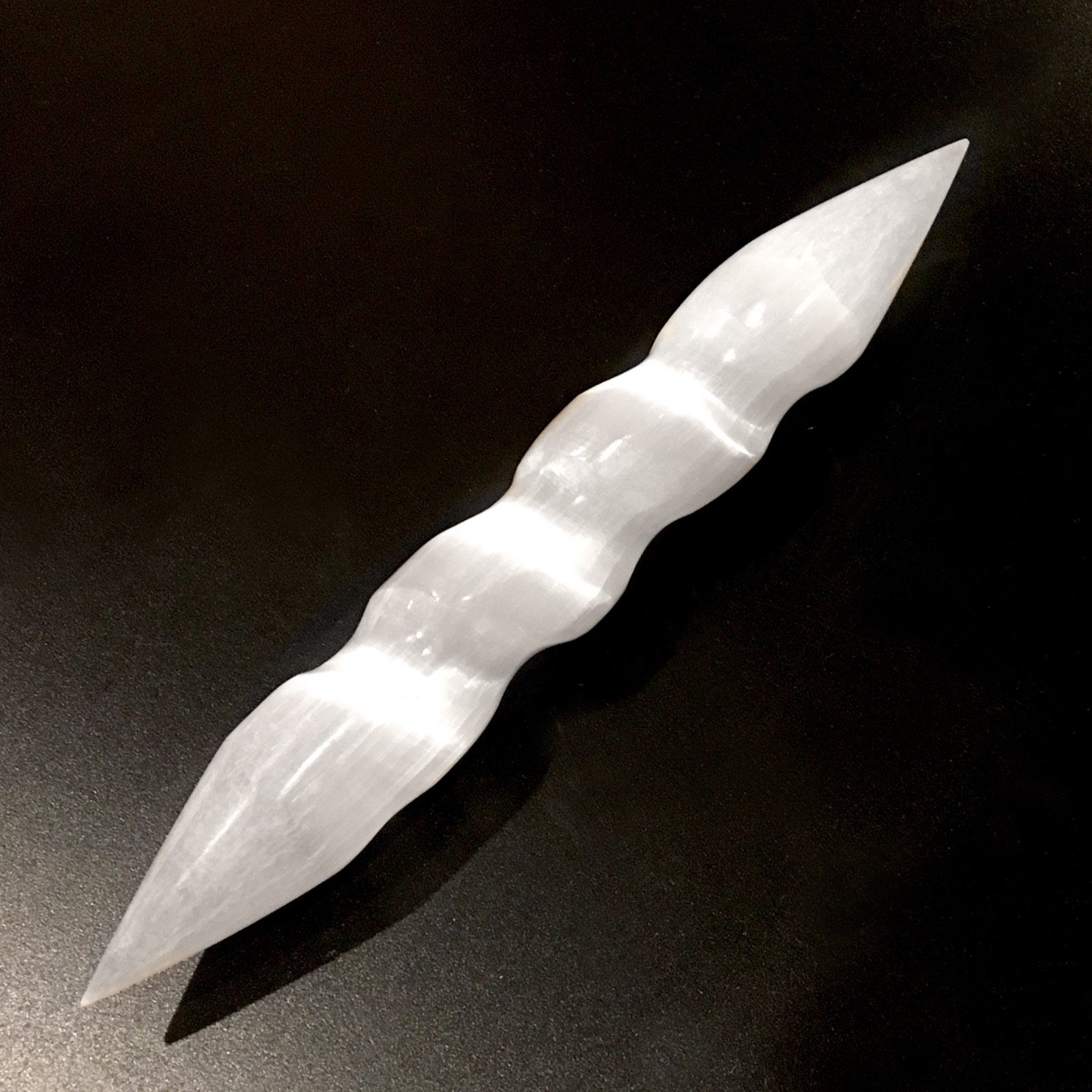 Smooth Polished Selenite Massage Wand ” Double Point Tip Round Spiral Crystal Wa