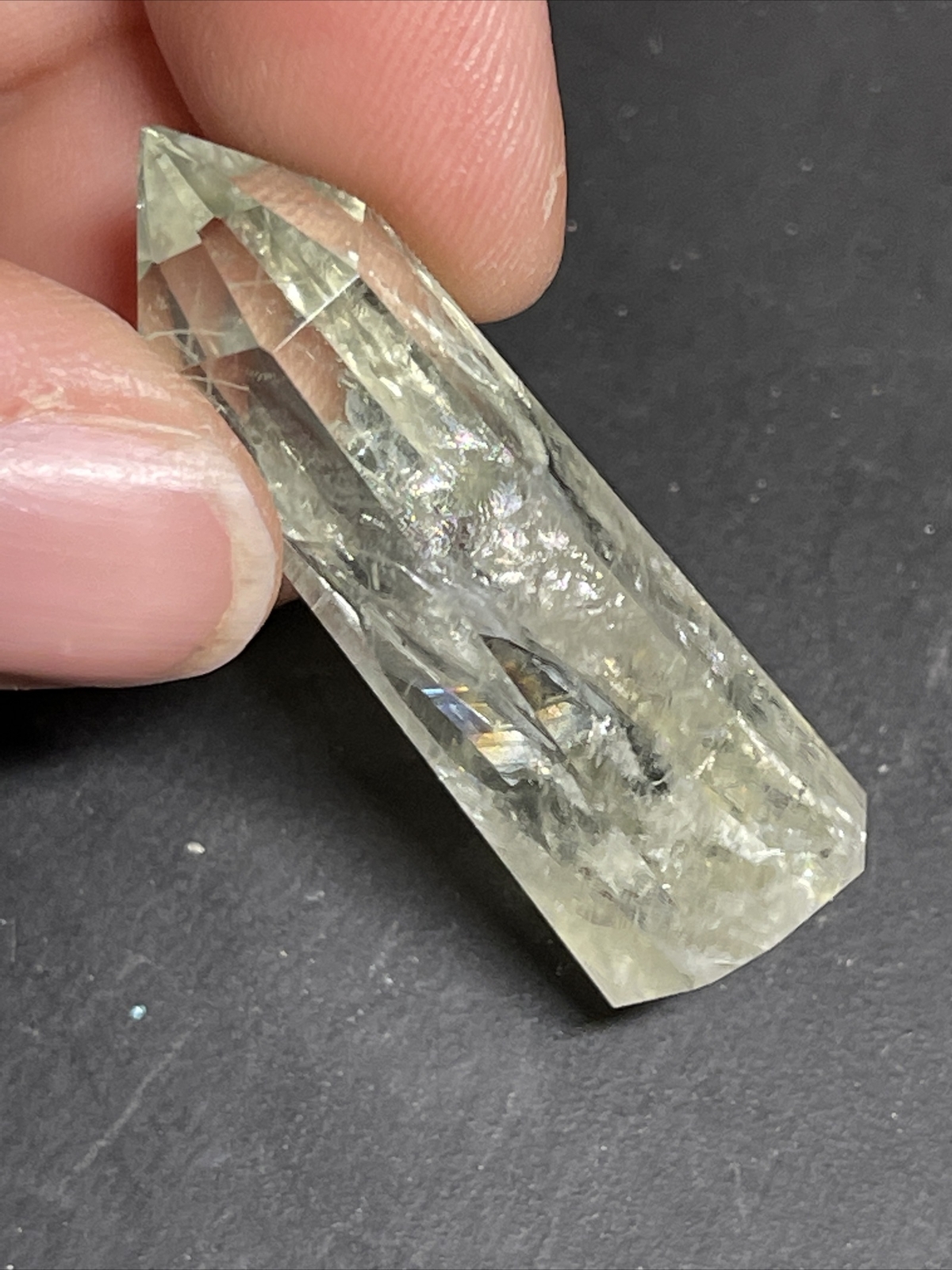 Prasiolite Green Amethyst Tower Point with Rainbows 1.58in Tall 9g