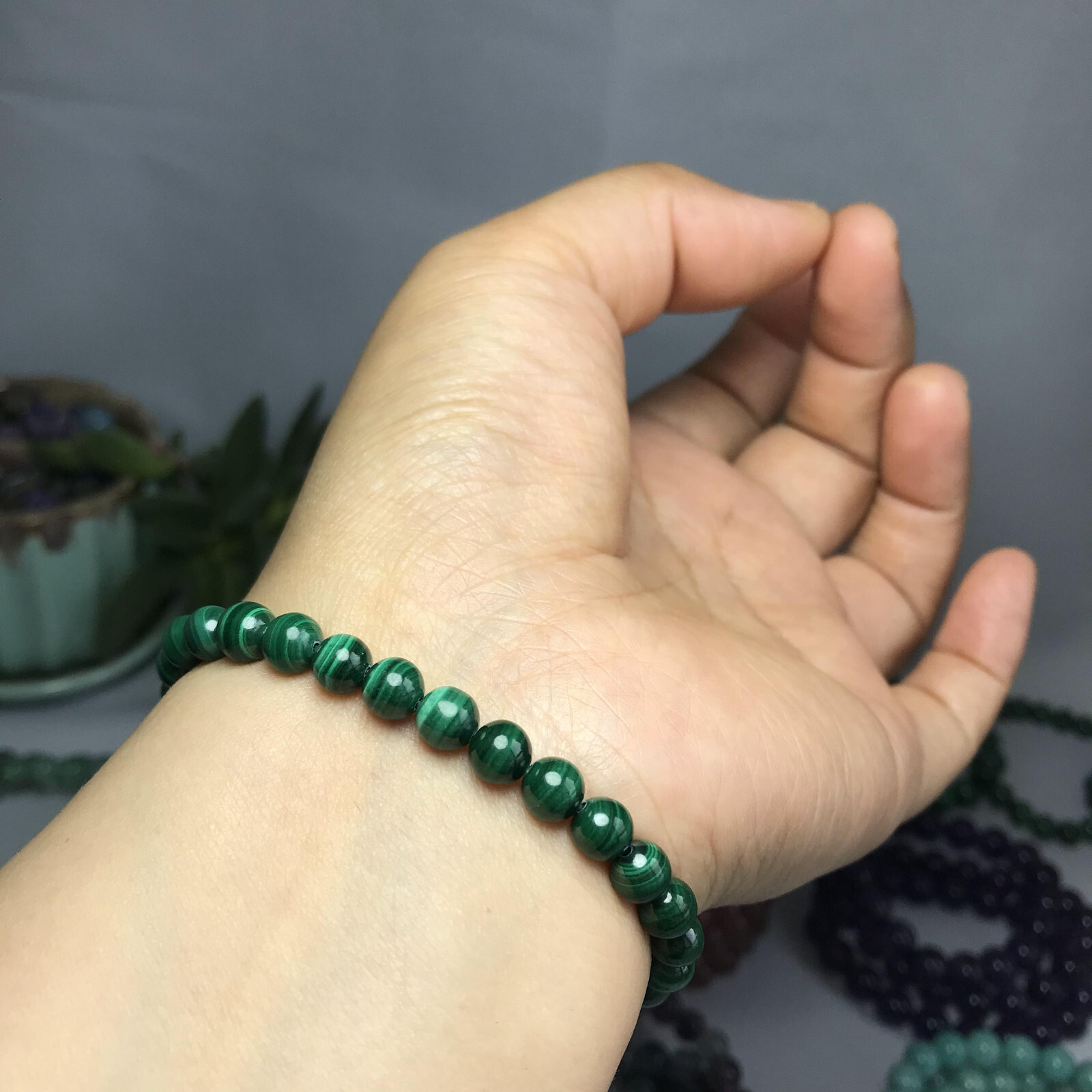 6mm Natural malachite gemstone Crystal chain beads bracelet 13-14g A5264