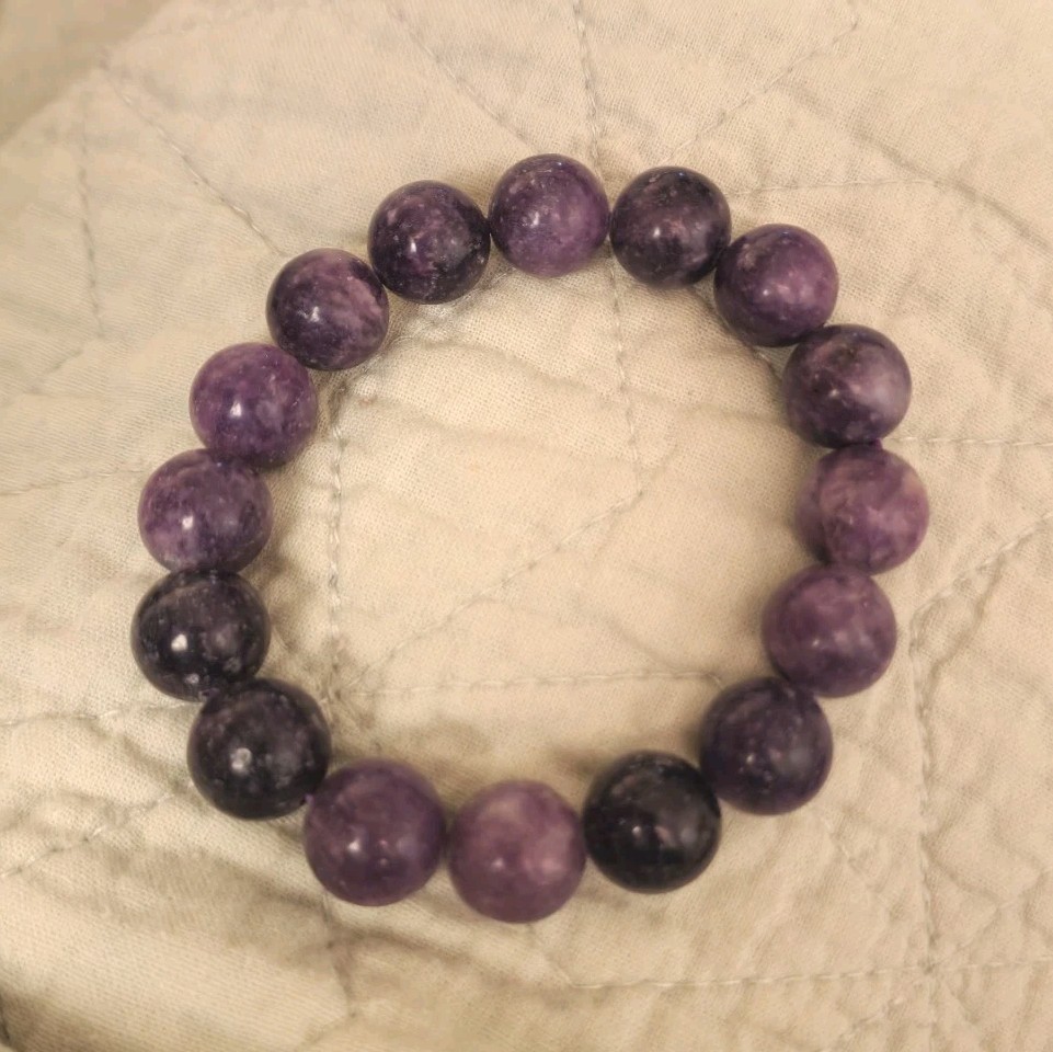 Natural 12mm Purple Lepidolite Bracelet Crystal Beads Stretch