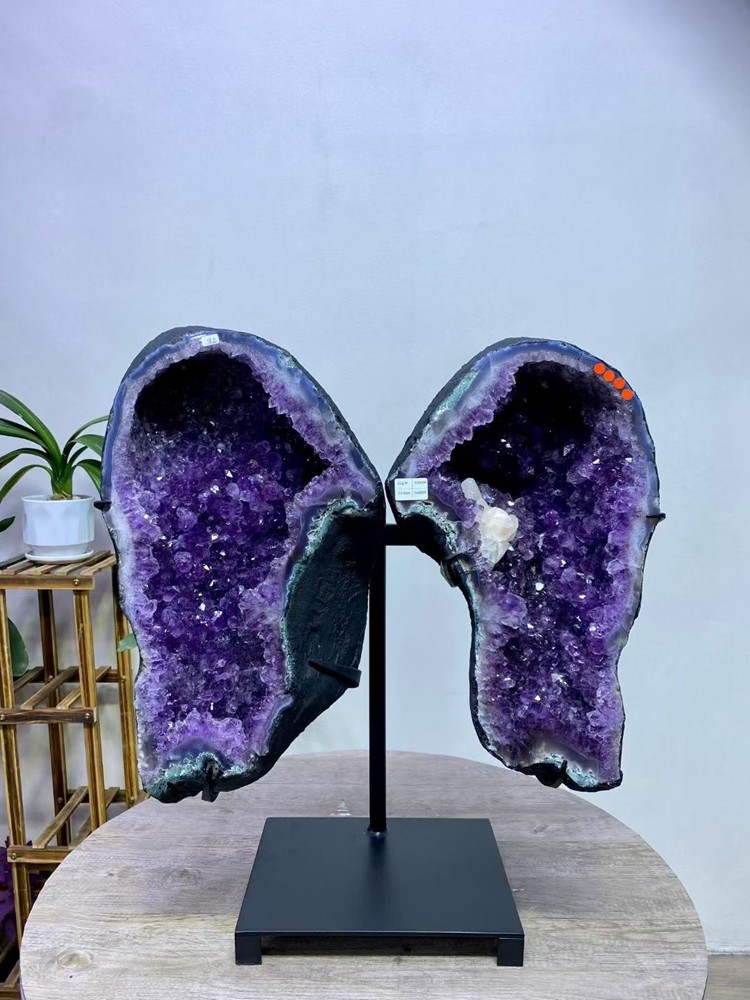 70LB Natural Amethyst Butterfly Geode Quartz Crystal Amethyst Cave + Stand