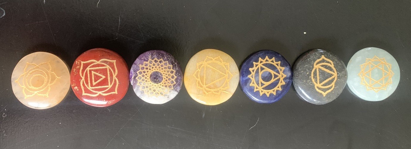 7 Engraved Chakra Symbols Round Pocket Stone Set Polished Worry Stones + Bag