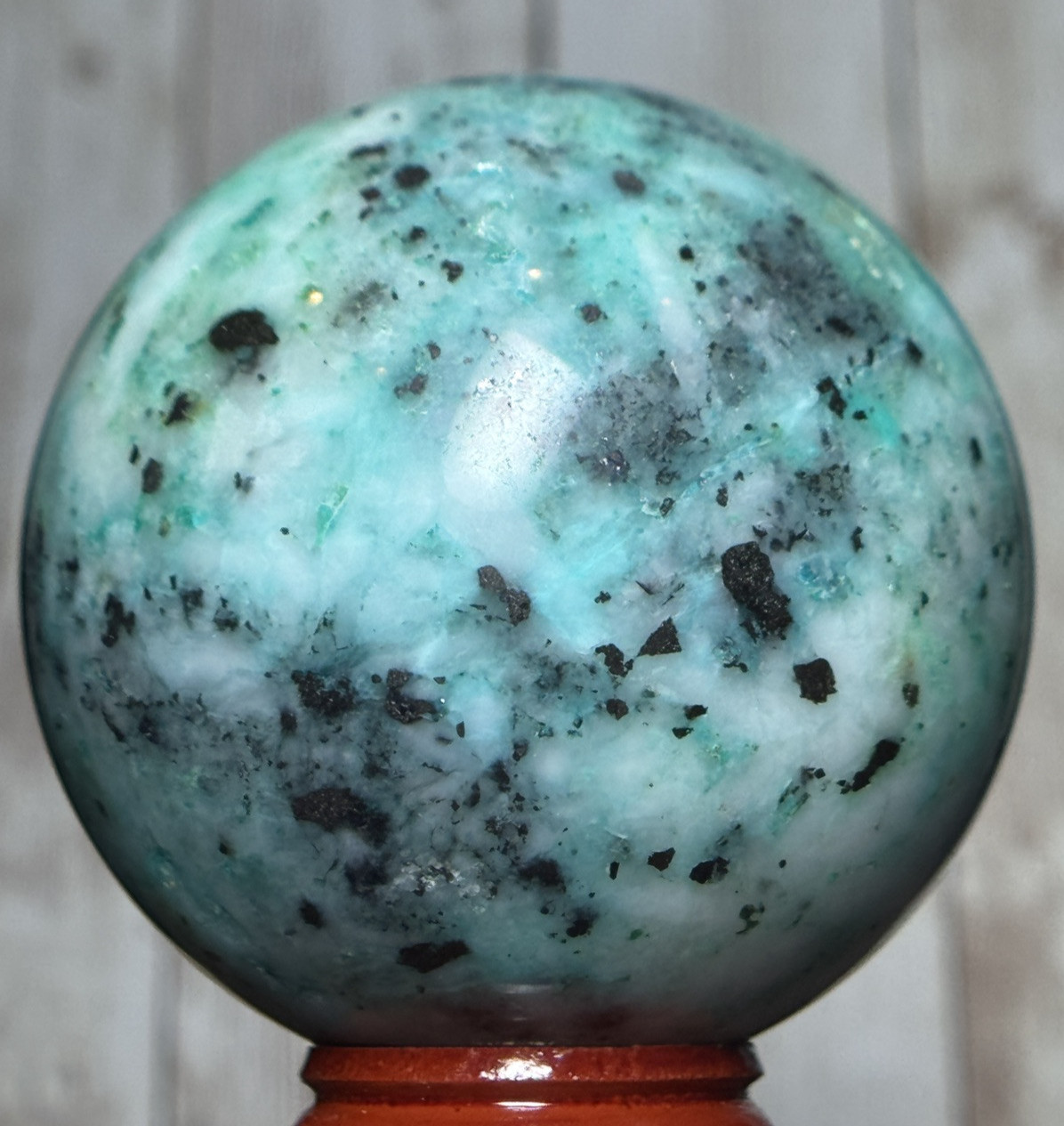 61mm PHOENIX PINE SPHERE – Fynchenite Chrysocolla Malachite Quartz Crystal Decor