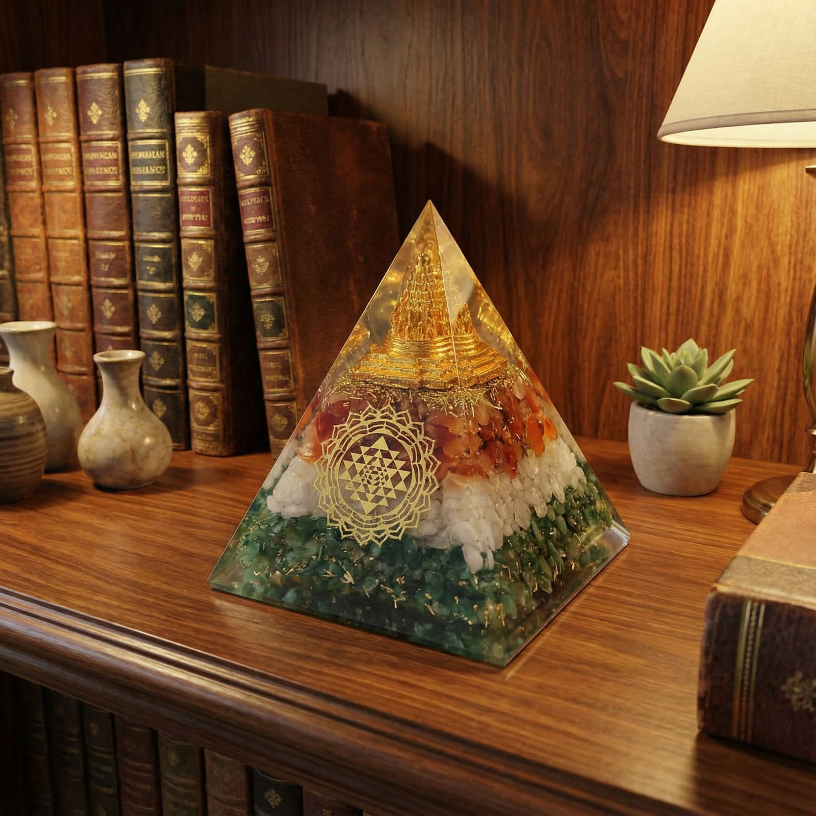 Orgonite Pyramid with Sri Yantra, Green Aventurine, Carnelian & Clear Quartz