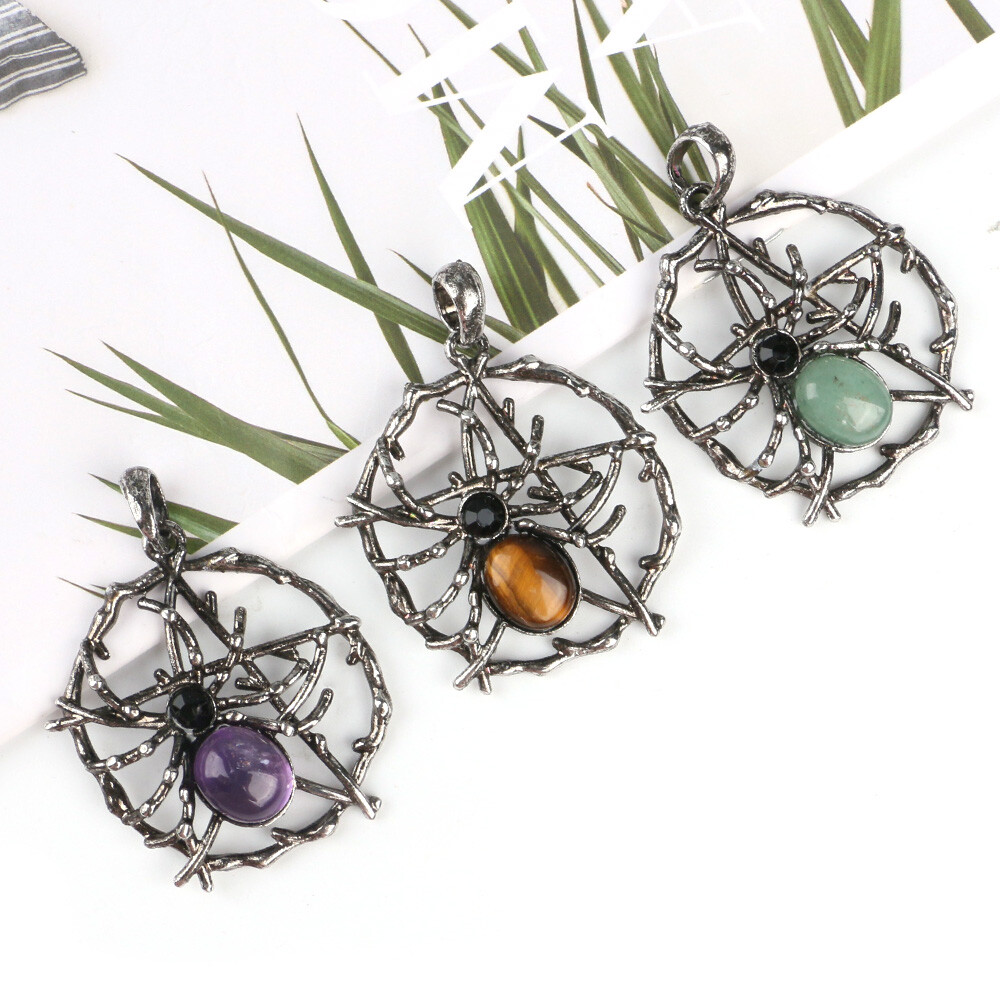 Natural Crystal Chakra Spider Web Net Pendant Bead Gemstone Amulet Energy Reiki