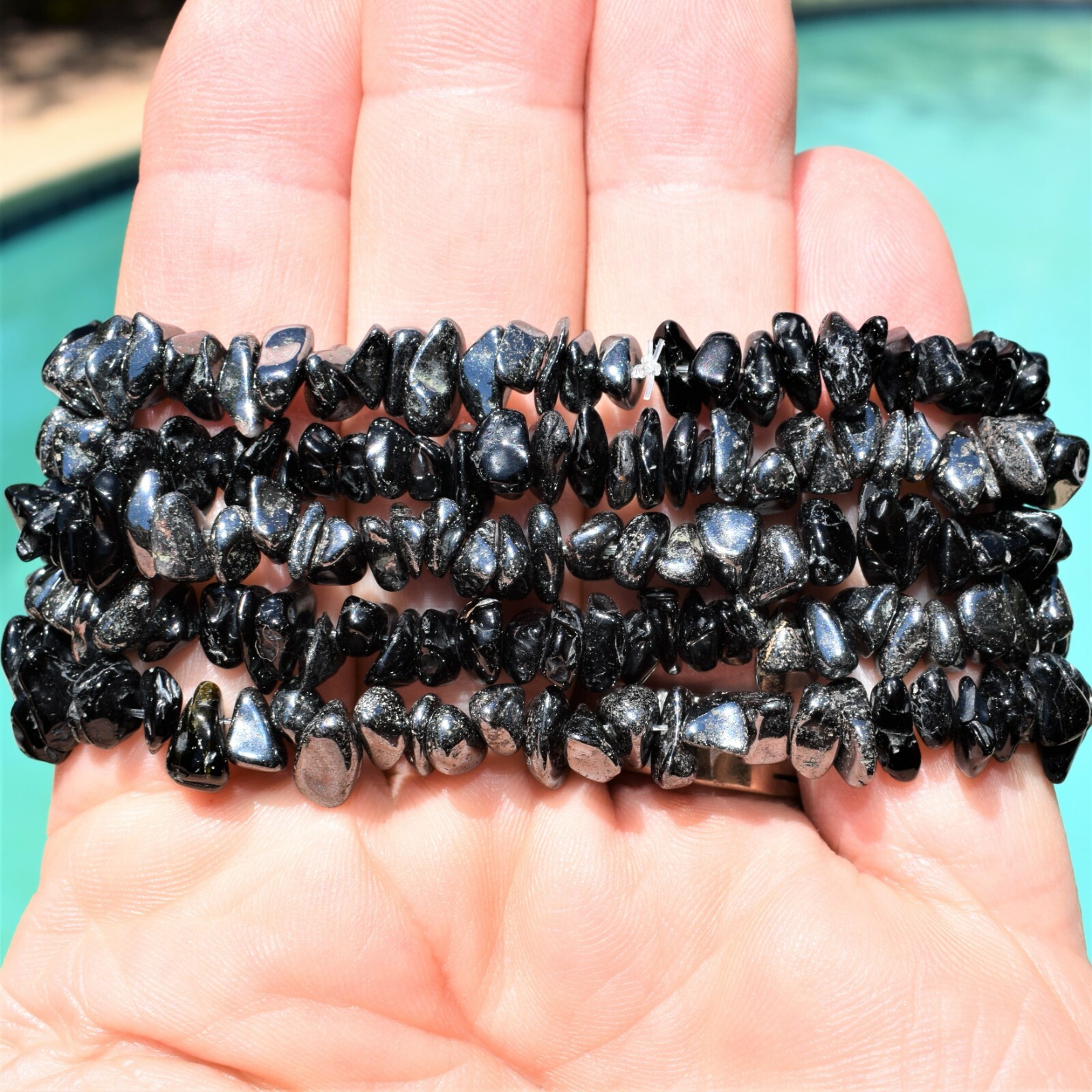 CHARGED Black Tourmaline Hematite Crystal Chip Stretchy Bracelet + Selenite