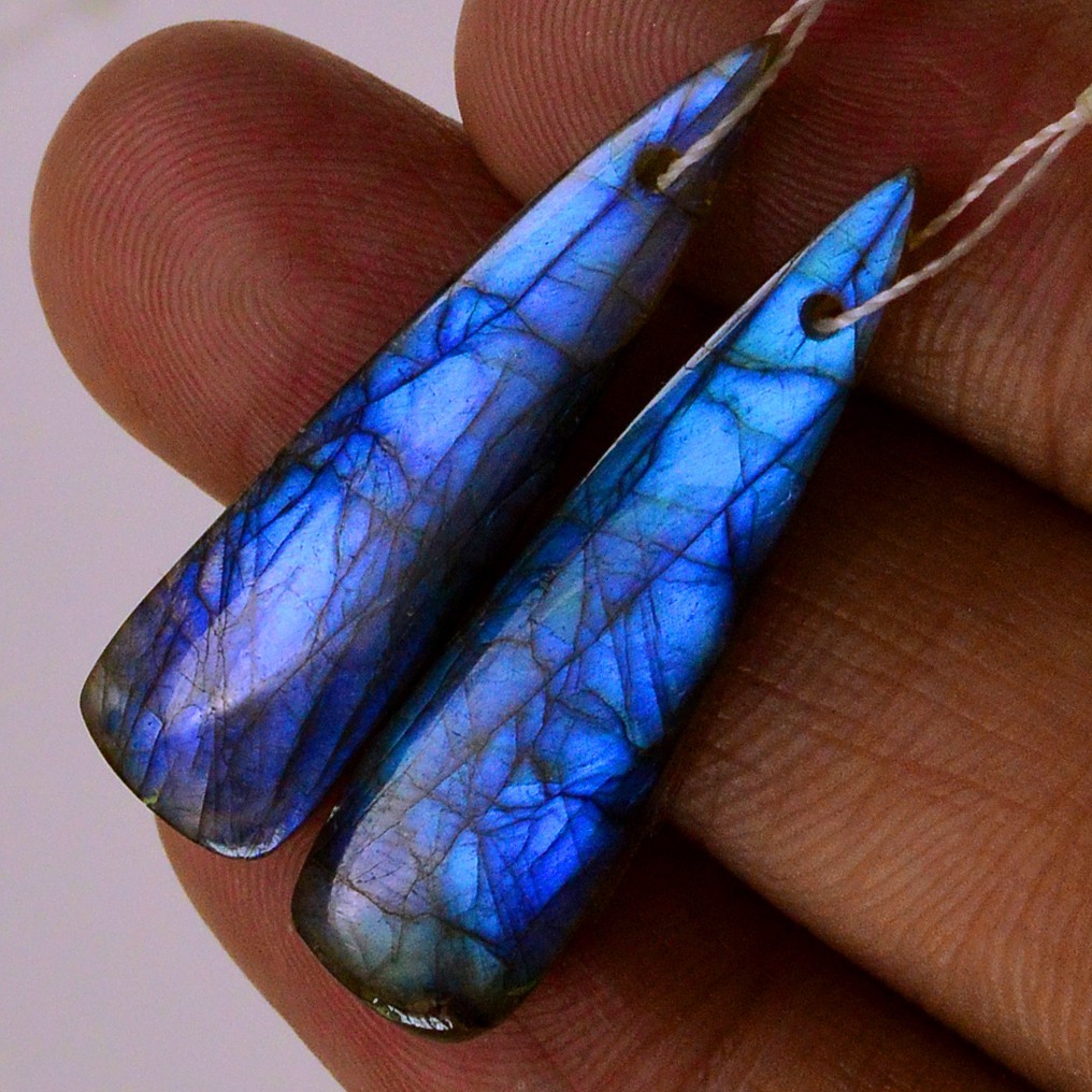 20Cts Natural Labradorite Gemstone Cabochon Front Drill Earrings 30x5mm #P3168