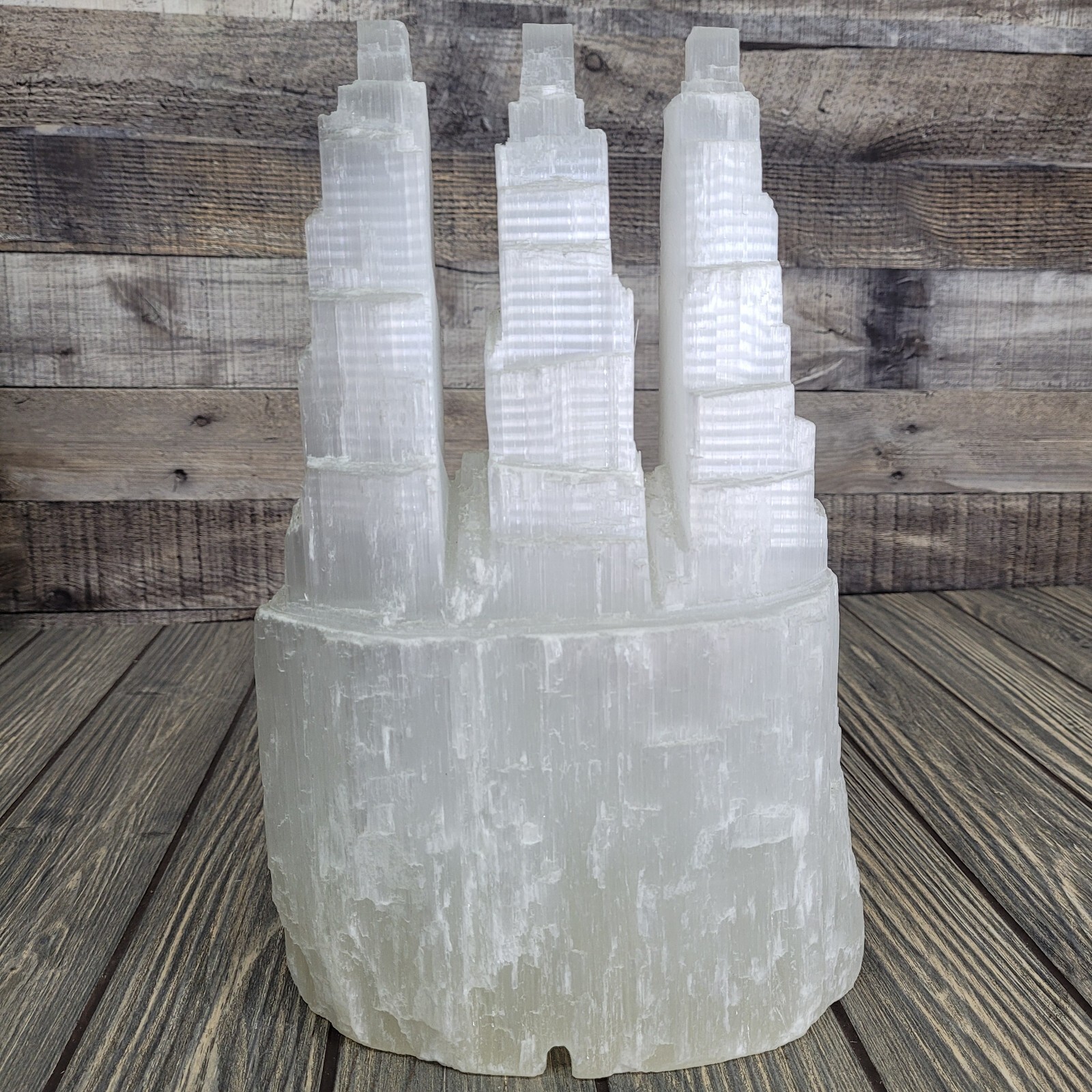 15lb Selenite Lamp XXL Triple Skyscraper 12″ Satin Spar Crystal Tower w/ Dimmer