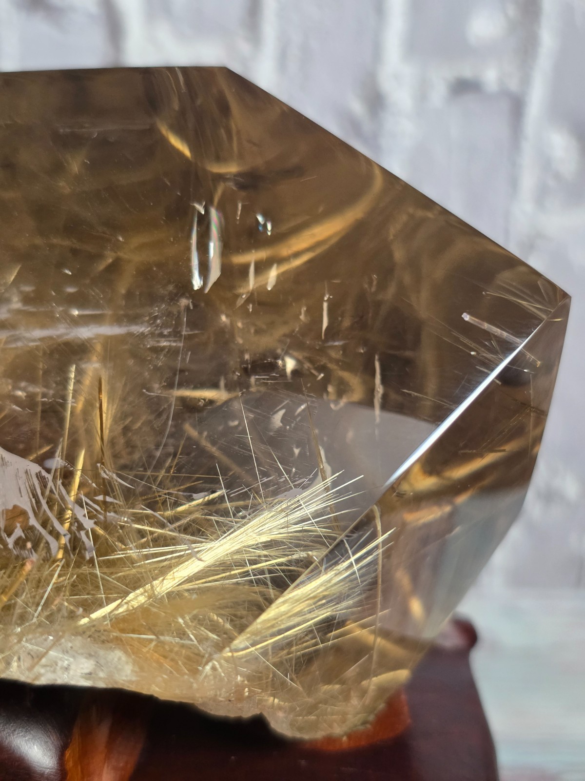 Museum Grade Golden Rutilated Quartz Freeform Rainbow Crystal w/ Carved Stand