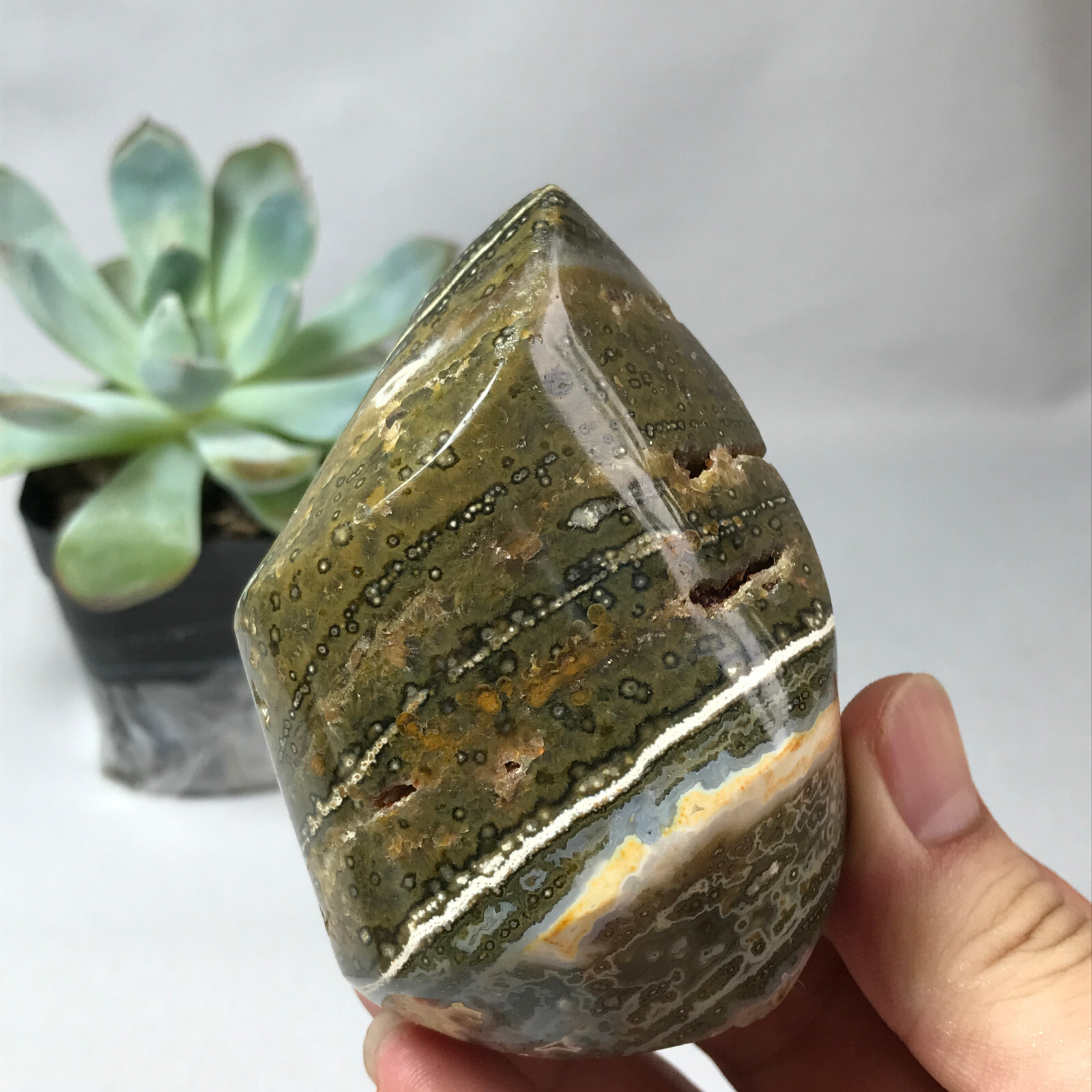 Natural Ocean Jasper torch Hand carve polish Crystal free standing 262g g6634